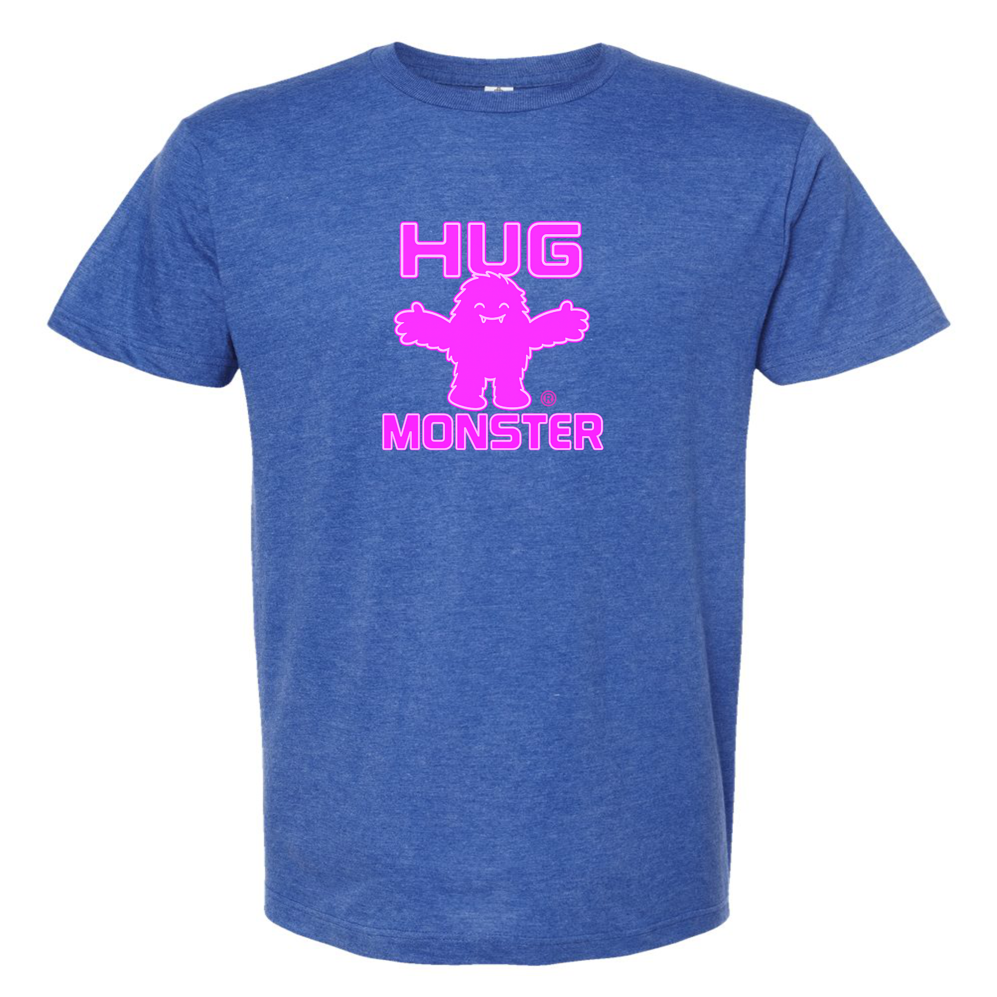 Hug Monster Giant Retro Monster Hugs (Bright Pink Logo) T-Shirt in Heather Royal Blue – Front View