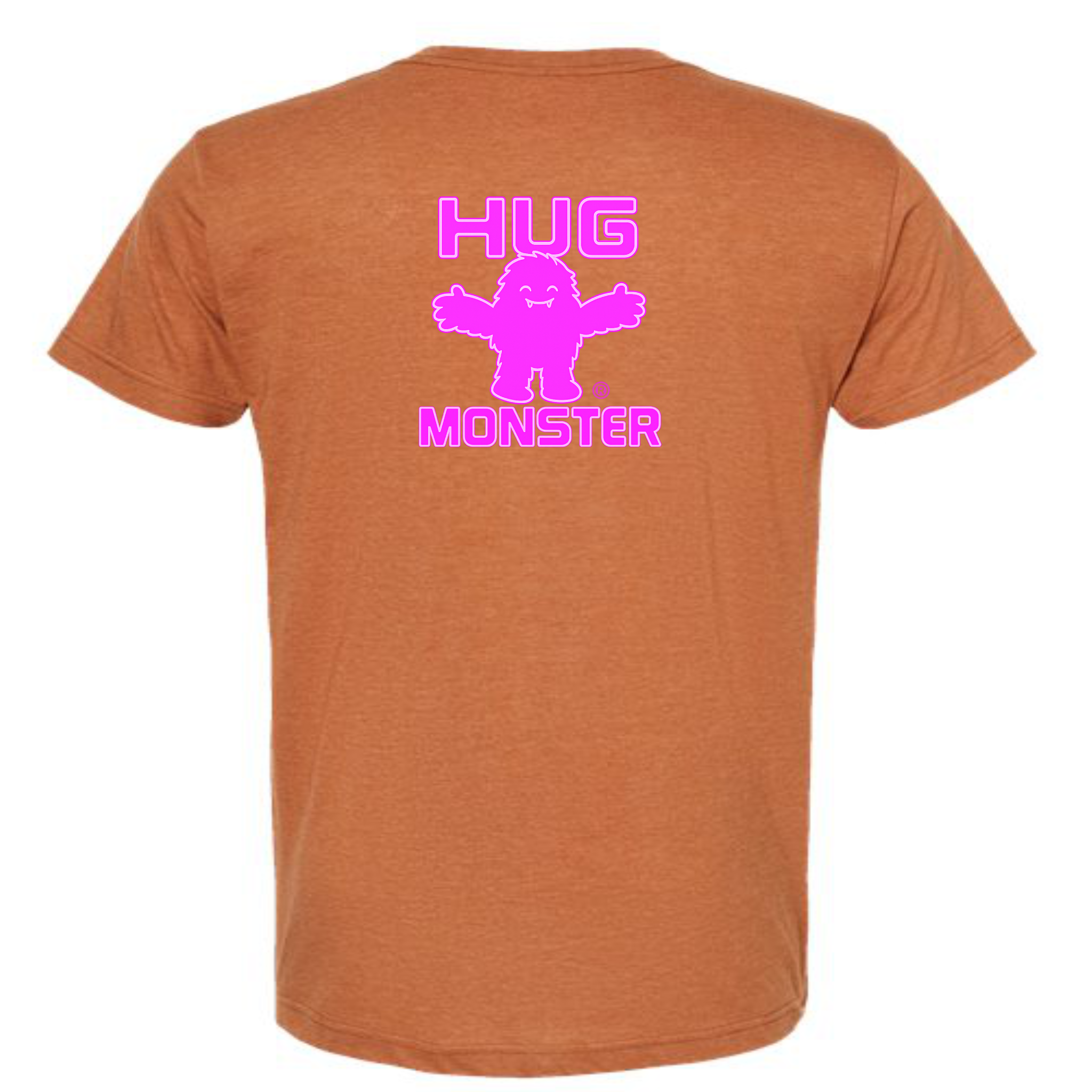 Hug Monster Giant Retro Monster Hugs (Bright Pink Logo) T-Shirt - Positive Message Graphic Tee in Heather Rust – Back View