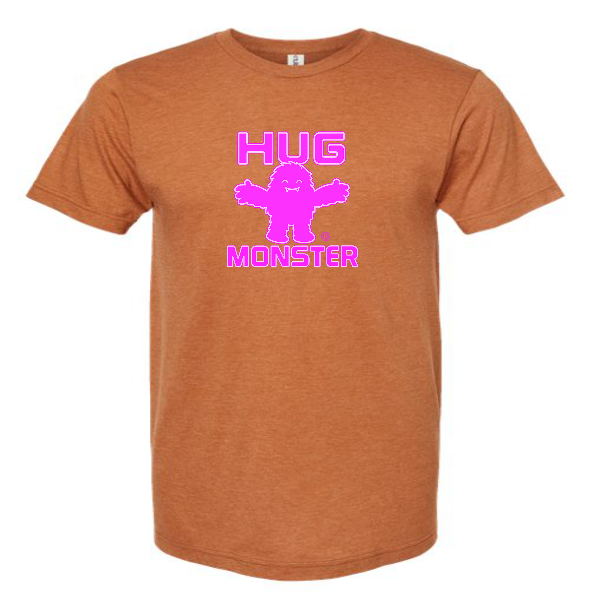 Hug Monster Giant Retro Monster Hugs (Bright Pink Logo) T-Shirt - Positive Message Graphic Tee in Heather Rust – Front View