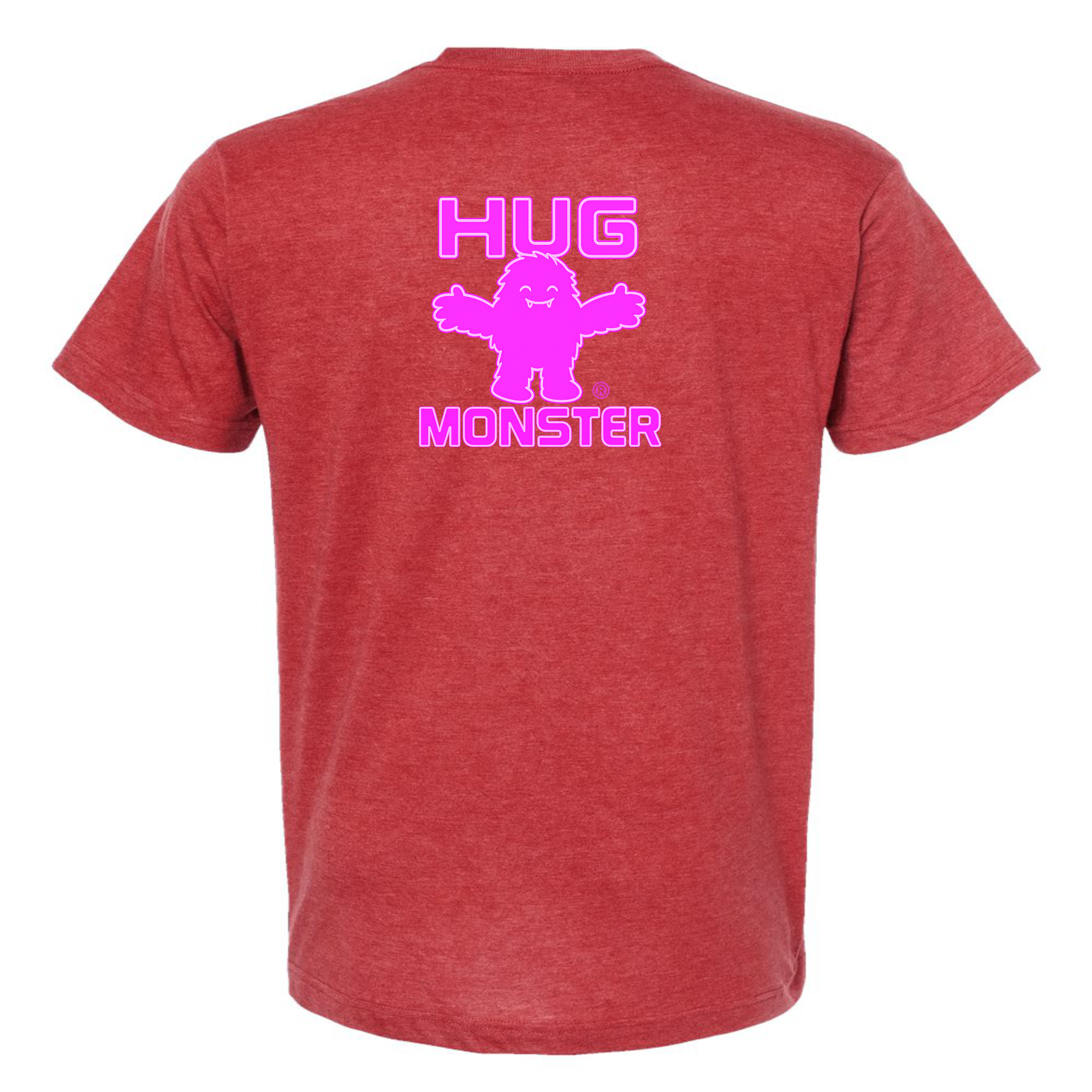 Hug Monster Giant Retro Monster Hugs (Bright Pink Logo) T-Shirt in Heather Scarlet Red – Back View