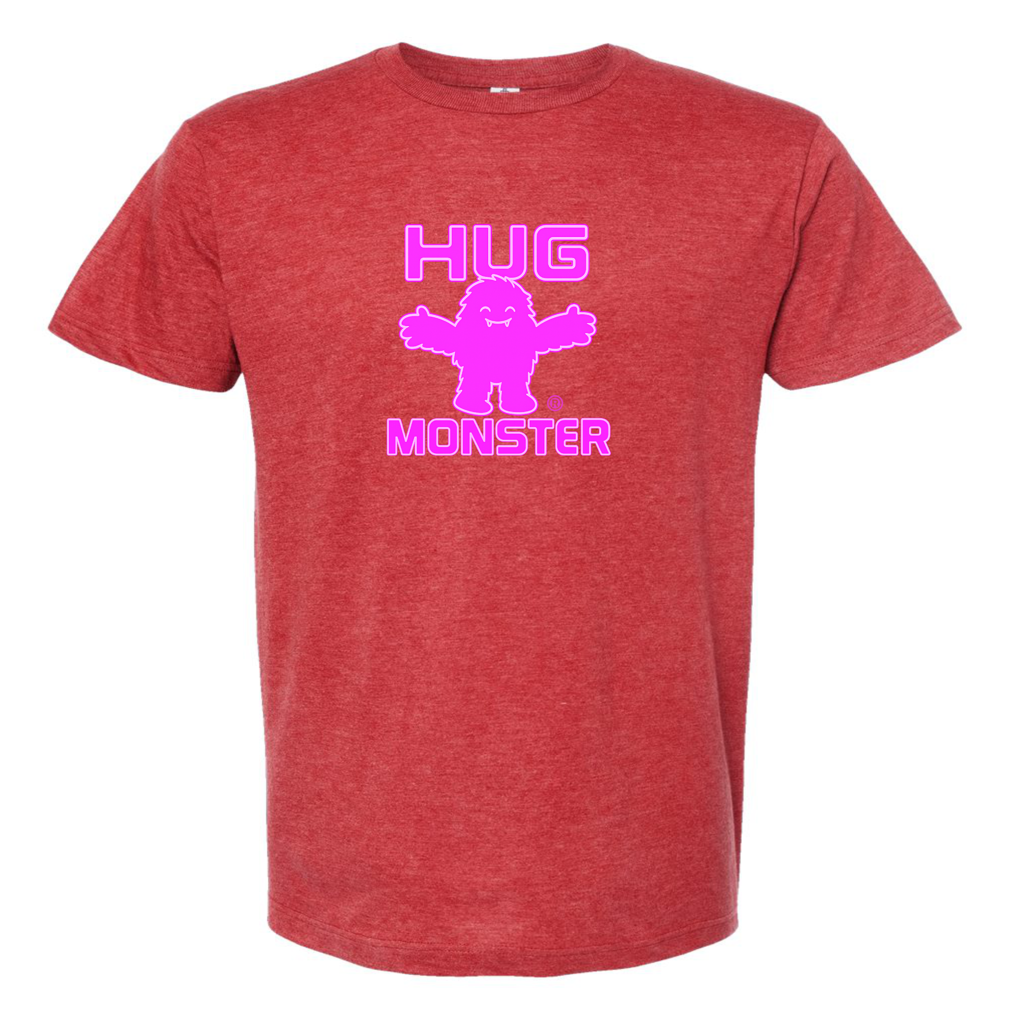 Hug Monster Giant Retro Monster Hugs (Bright Pink Logo) T-Shirt in Heather Scarlet Red – Front View