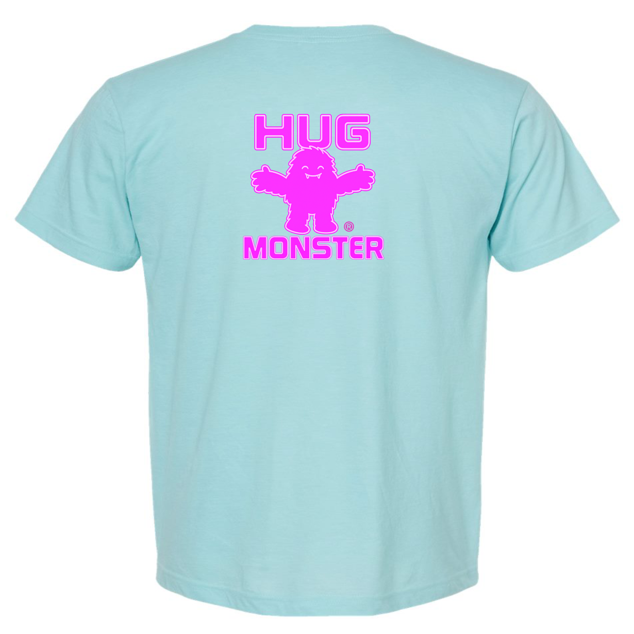 Hug Monster Giant Retro Monster Hugs (Bright Pink Logo) T-Shirt in Heather Turquoise – Back View