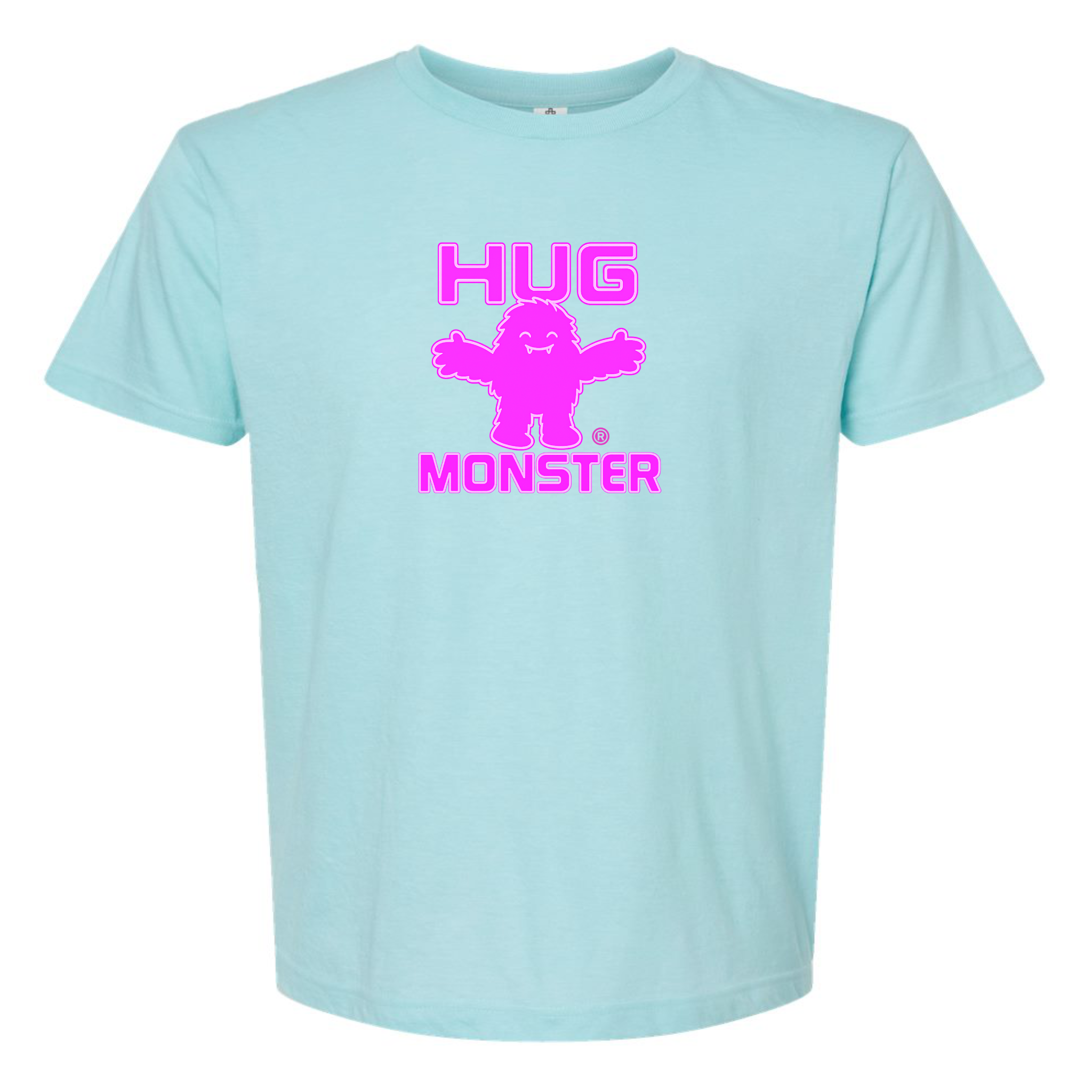 Hug Monster Giant Retro Monster Hugs (Bright Pink Logo) T-Shirt in Heather Turquoise – Front View