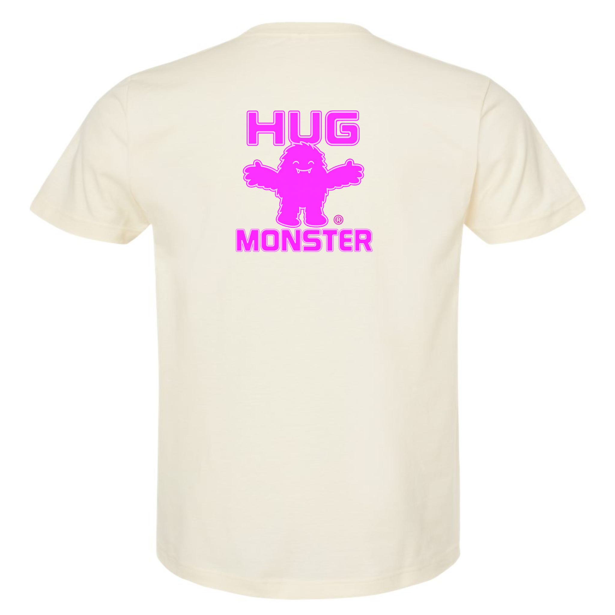 Hug Monster Giant Retro Monster Hugs (Bright Pink Logo) T-Shirt - Positive Message Graphic Tee in Natural – Back View