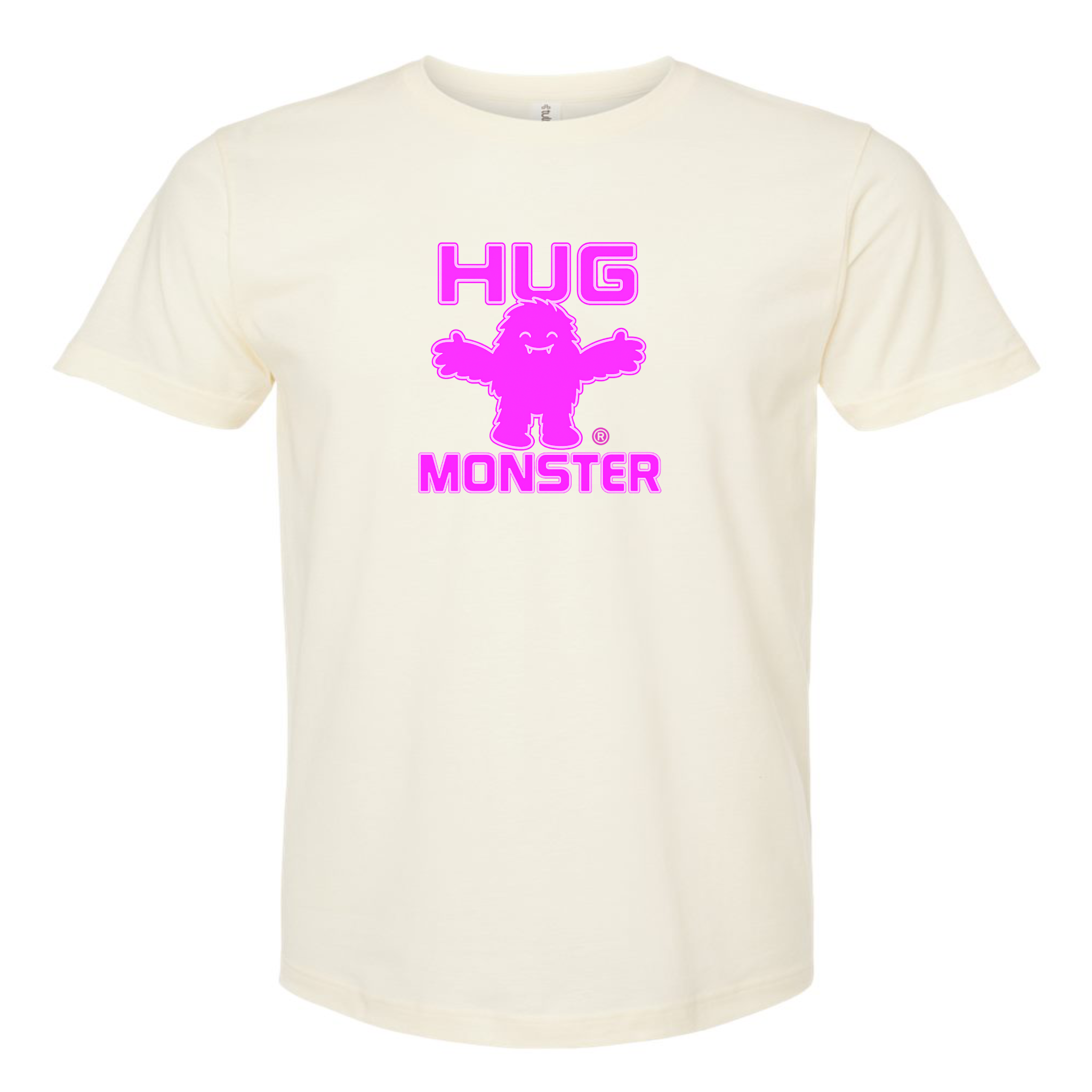 Hug Monster Giant Retro Monster Hugs (Bright Pink Logo) T-Shirt - Positive Message Graphic Tee in Natural – Front View