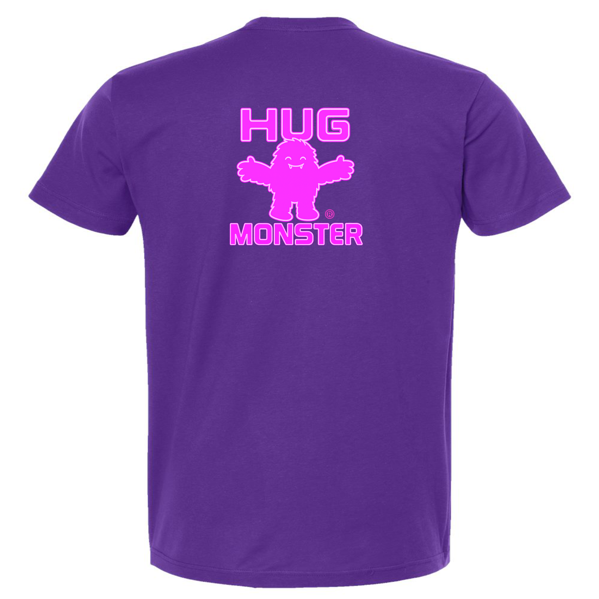 Hug Monster Giant Retro Monster Hugs (Bright Pink Logo) T-Shirt - Positive Message Graphic Tee in Purple – Back View