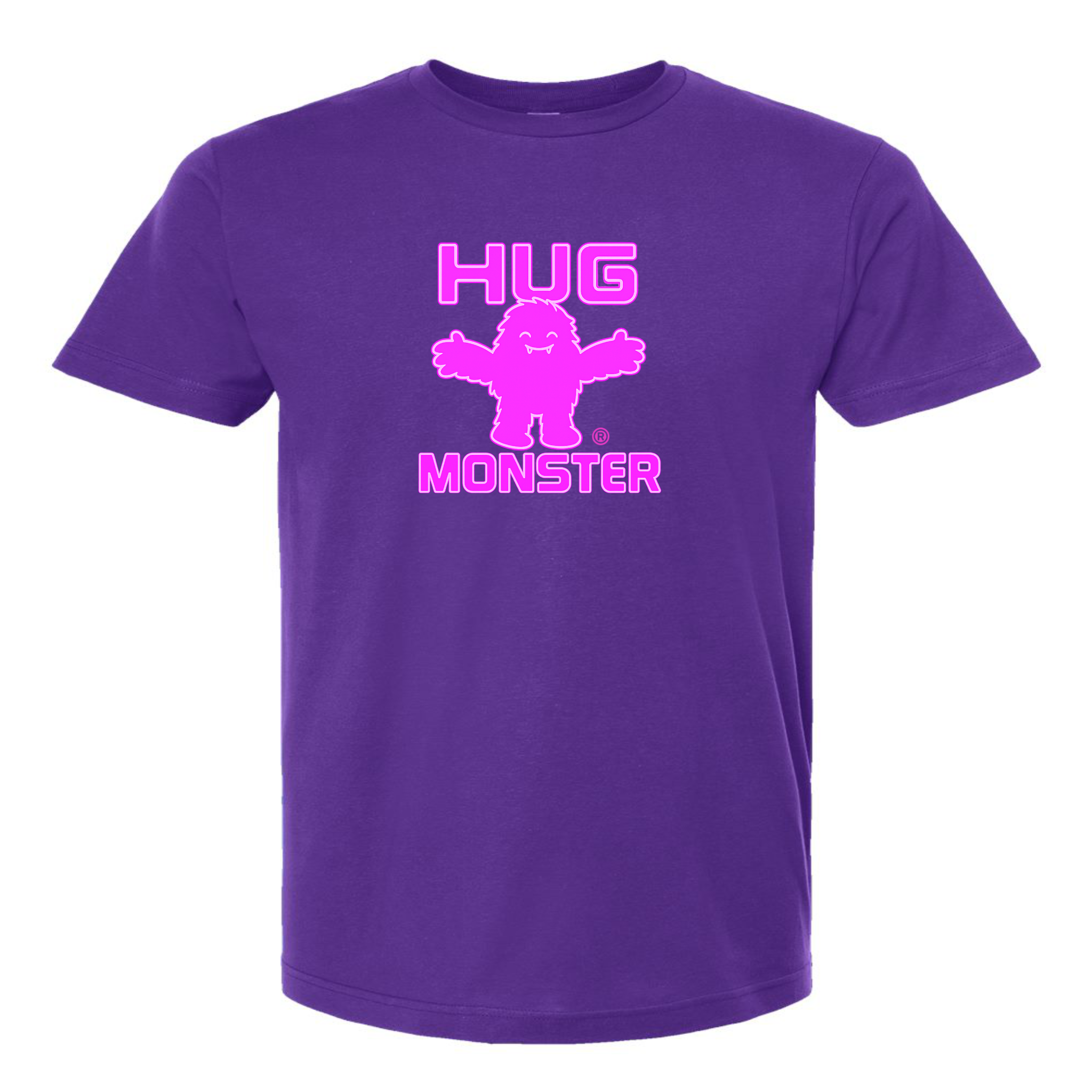 Hug Monster Giant Retro Monster Hugs (Bright Pink Logo) T-Shirt - Positive Message Graphic Tee in Purple – Front View