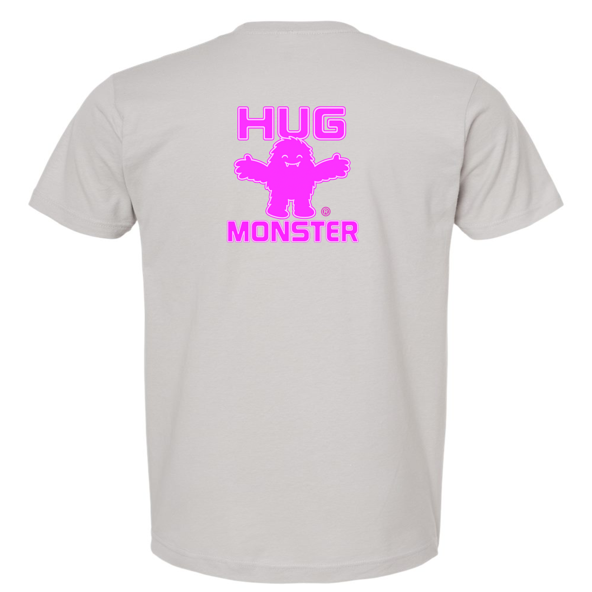 Hug Monster Giant Retro Monster Hugs (Bright Pink Logo) T-Shirt - Positive Message Graphic Tee in Silver – Back View
