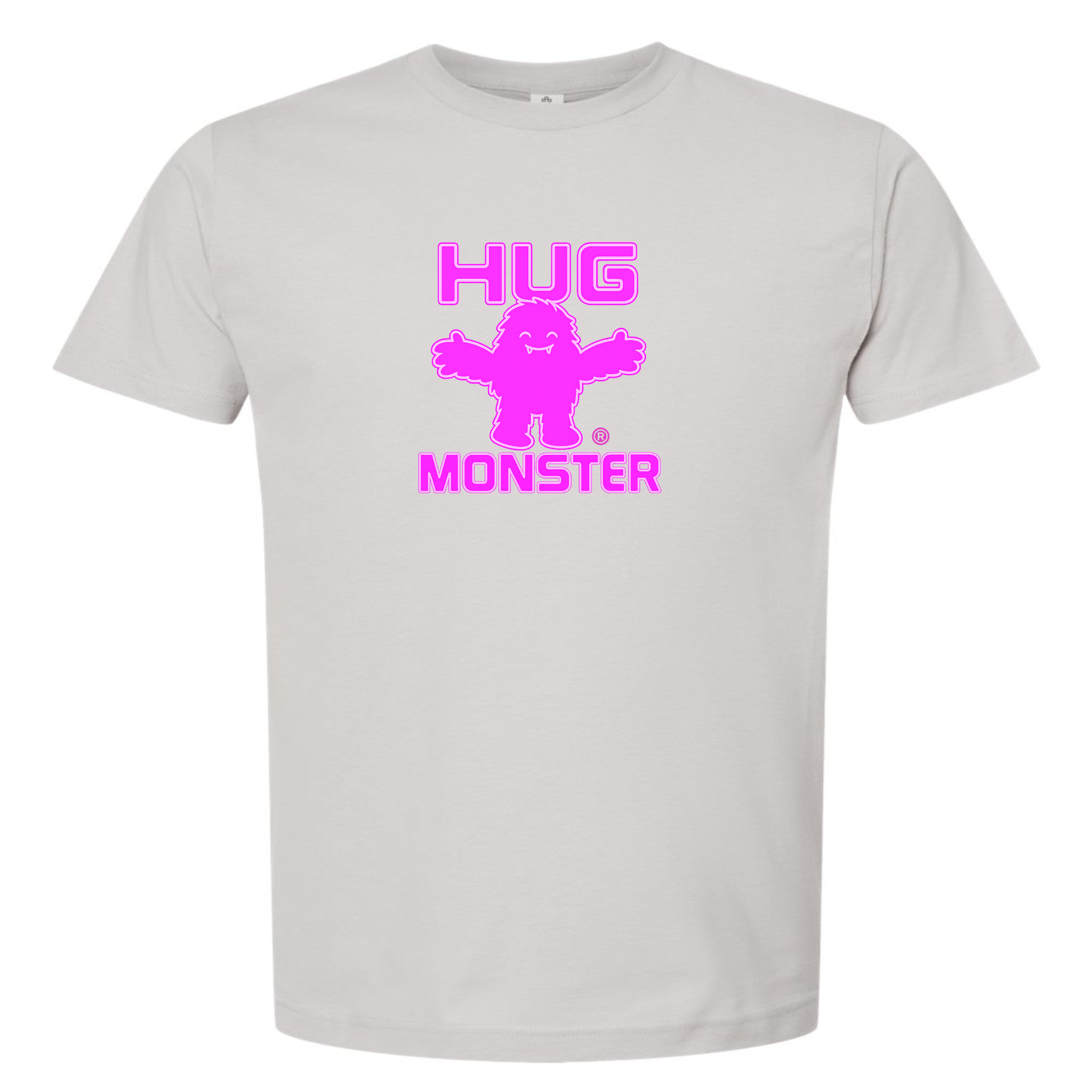 Hug Monster Giant Retro Monster Hugs (Bright Pink Logo) T-Shirt - Positive Message Graphic Tee in Silver – Front View