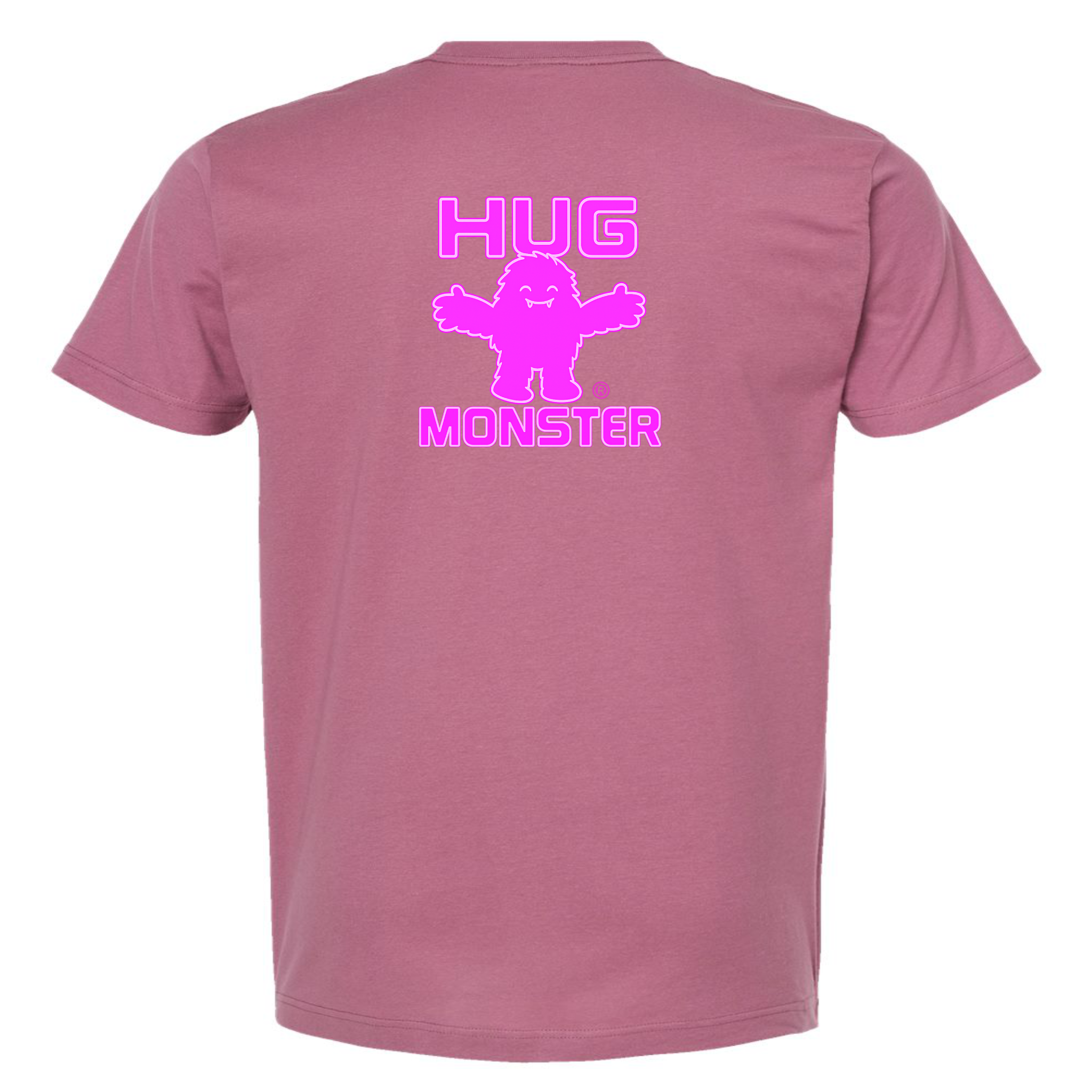 Hug Monster Giant Retro Monster Hugs (Bright Pink Logo) T-Shirt in Soft Dusty Rose Pink – Back View