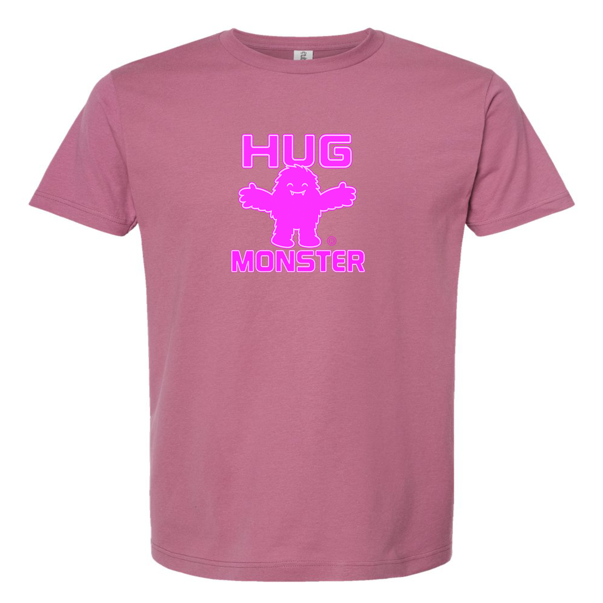 Hug Monster Giant Retro Monster Hugs (Bright Pink Logo) T-Shirt in Soft Dusty Rose Pink – Front View