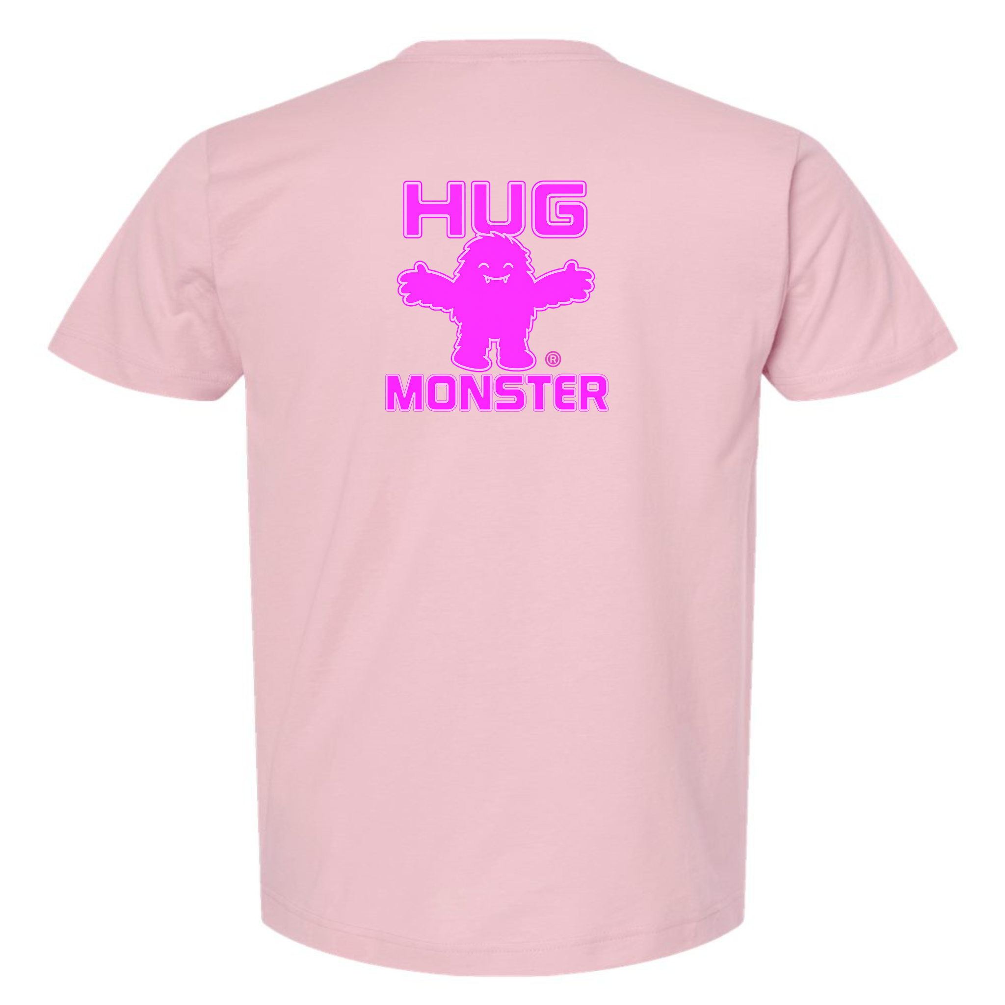 Hug Monster Giant Retro Monster Hugs (Bright Pink Logo) T-Shirt - Positive Message Graphic Tee in Soft Pink – Back View