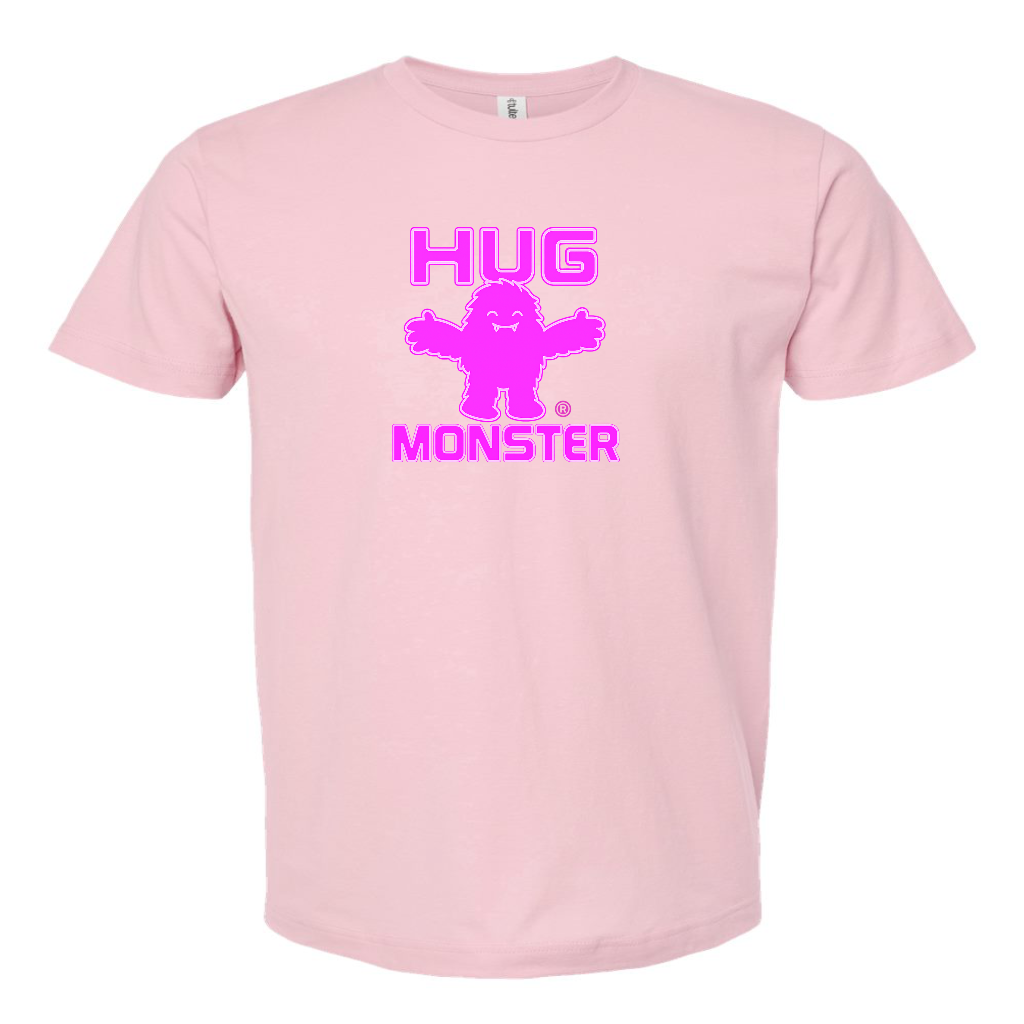 Hug Monster Giant Retro Monster Hugs (Bright Pink Logo) T-Shirt - Positive Message Graphic Tee in Soft Pink – Front View