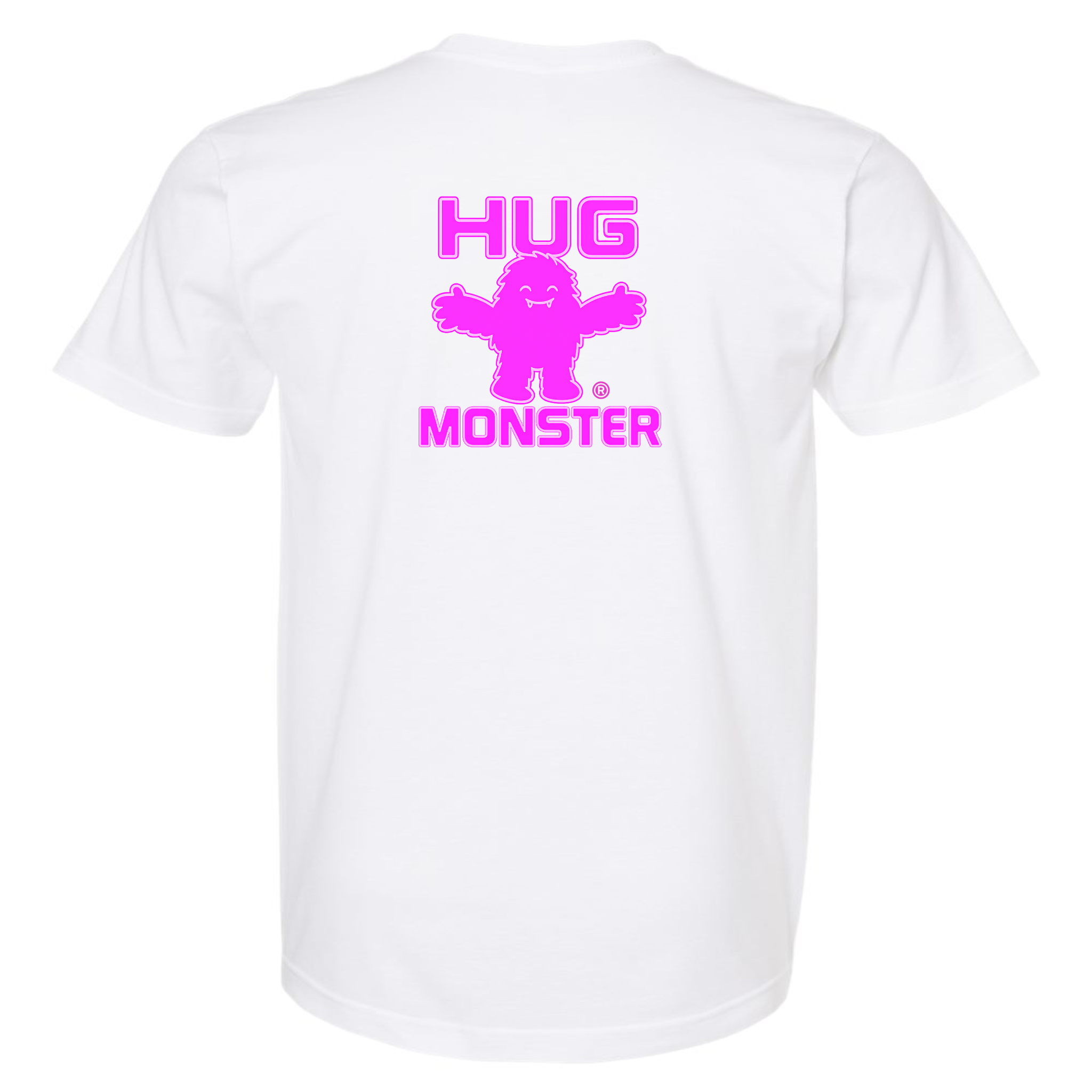Hug Monster Giant Retro Monster Hugs (Bright Pink Logo) T-Shirt - Positive Message Graphic Tee in White – Back View