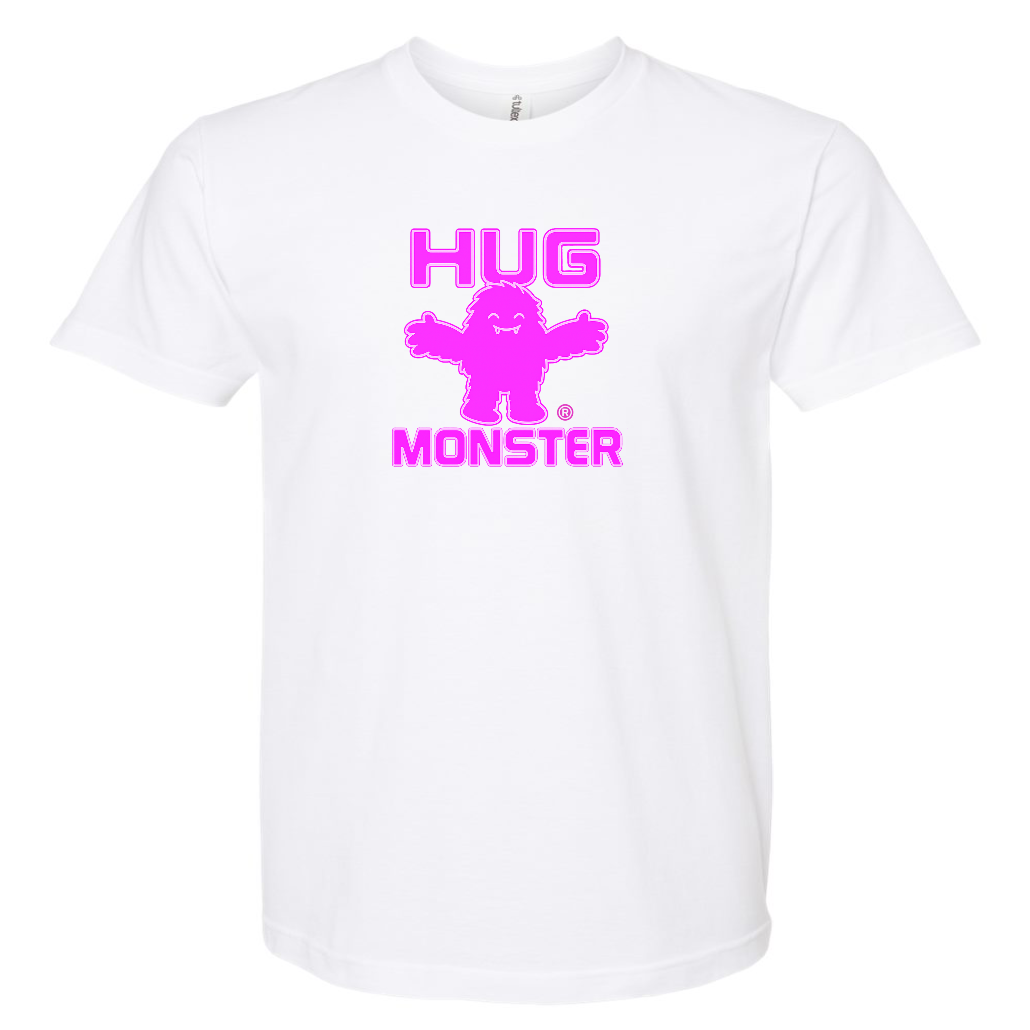 Hug Monster Giant Retro Monster Hugs (Bright Pink Logo) T-Shirt - Positive Message Graphic Tee in White – Front View