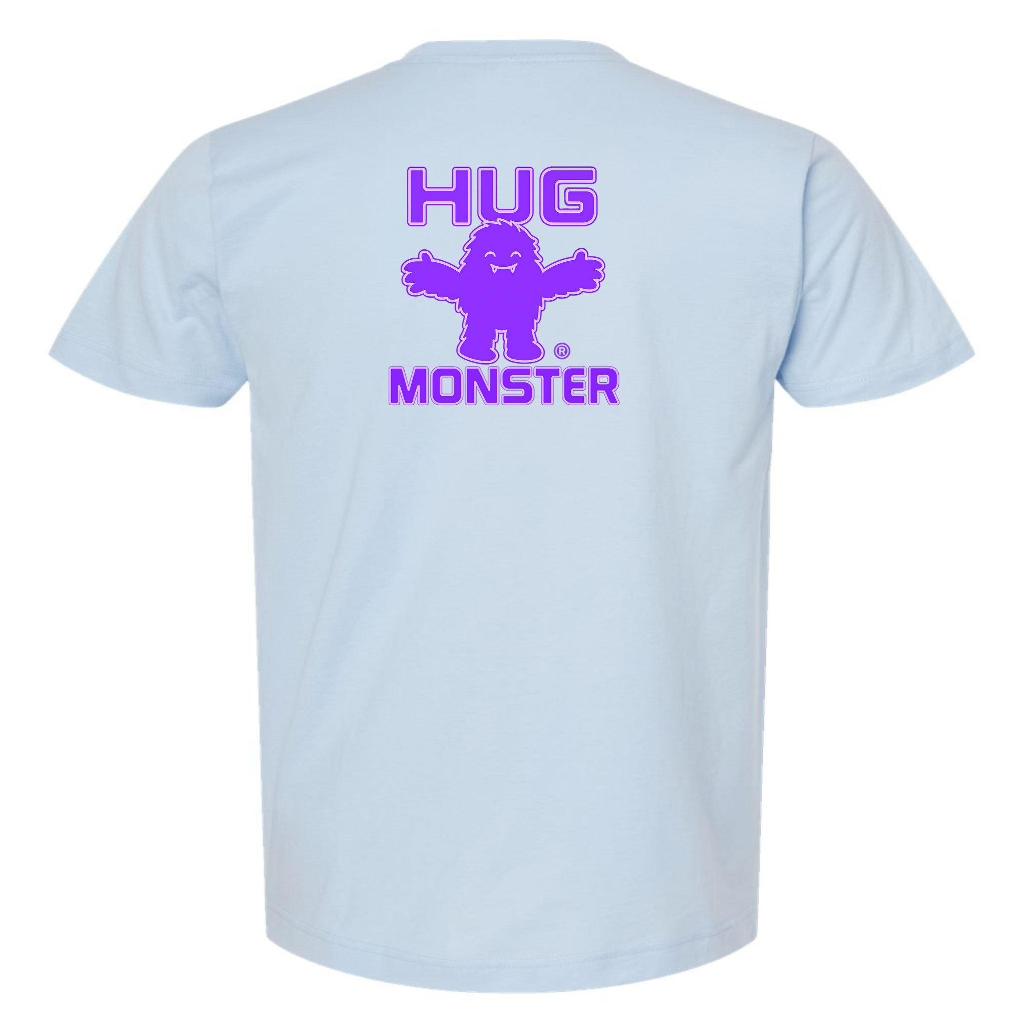 Hug Monster Giant Retro Monster Hugs (Purple Logo) T-Shirt - Positive Message Graphic Tee in Baby Blue – Back View