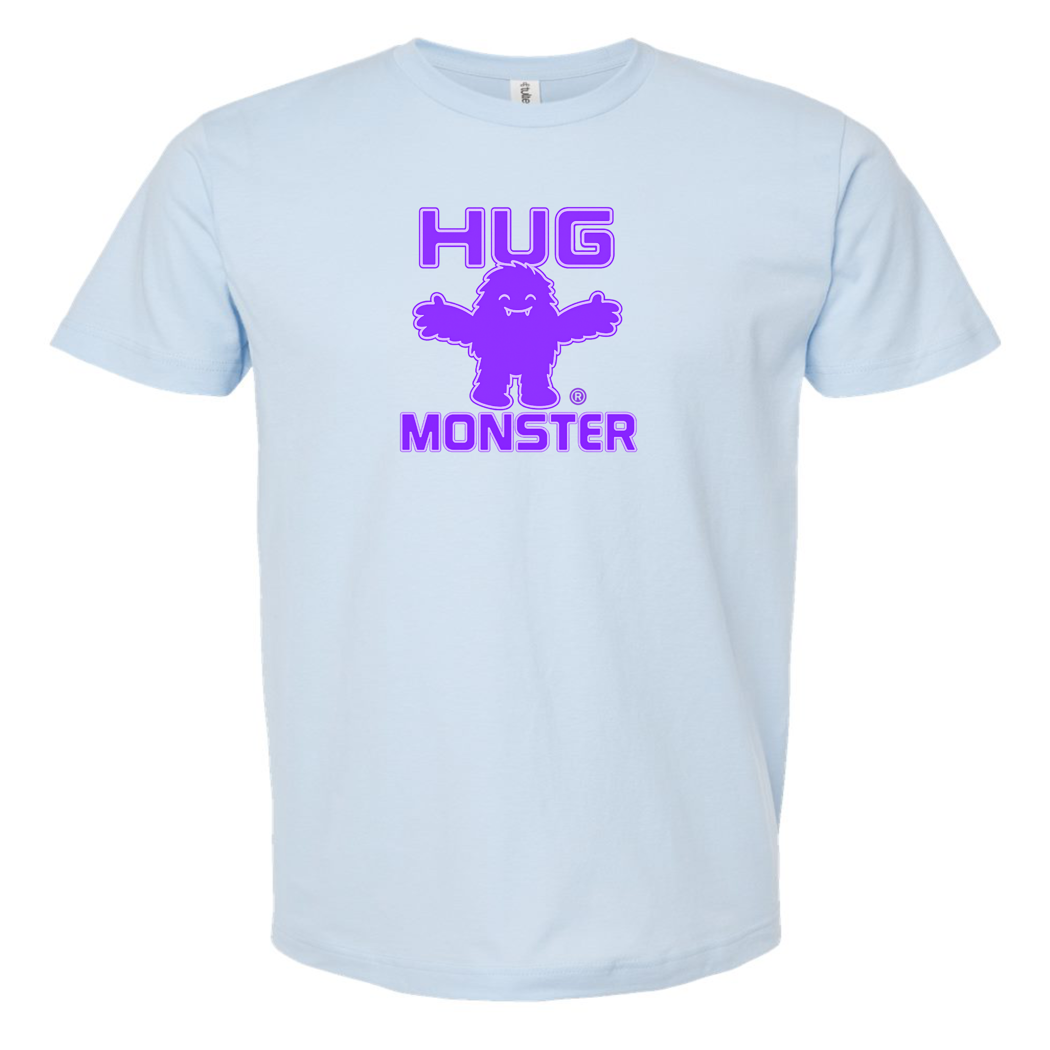 Hug Monster Giant Retro Monster Hugs (Purple Logo) T-Shirt - Positive Message Graphic Tee in Baby Blue – Front View