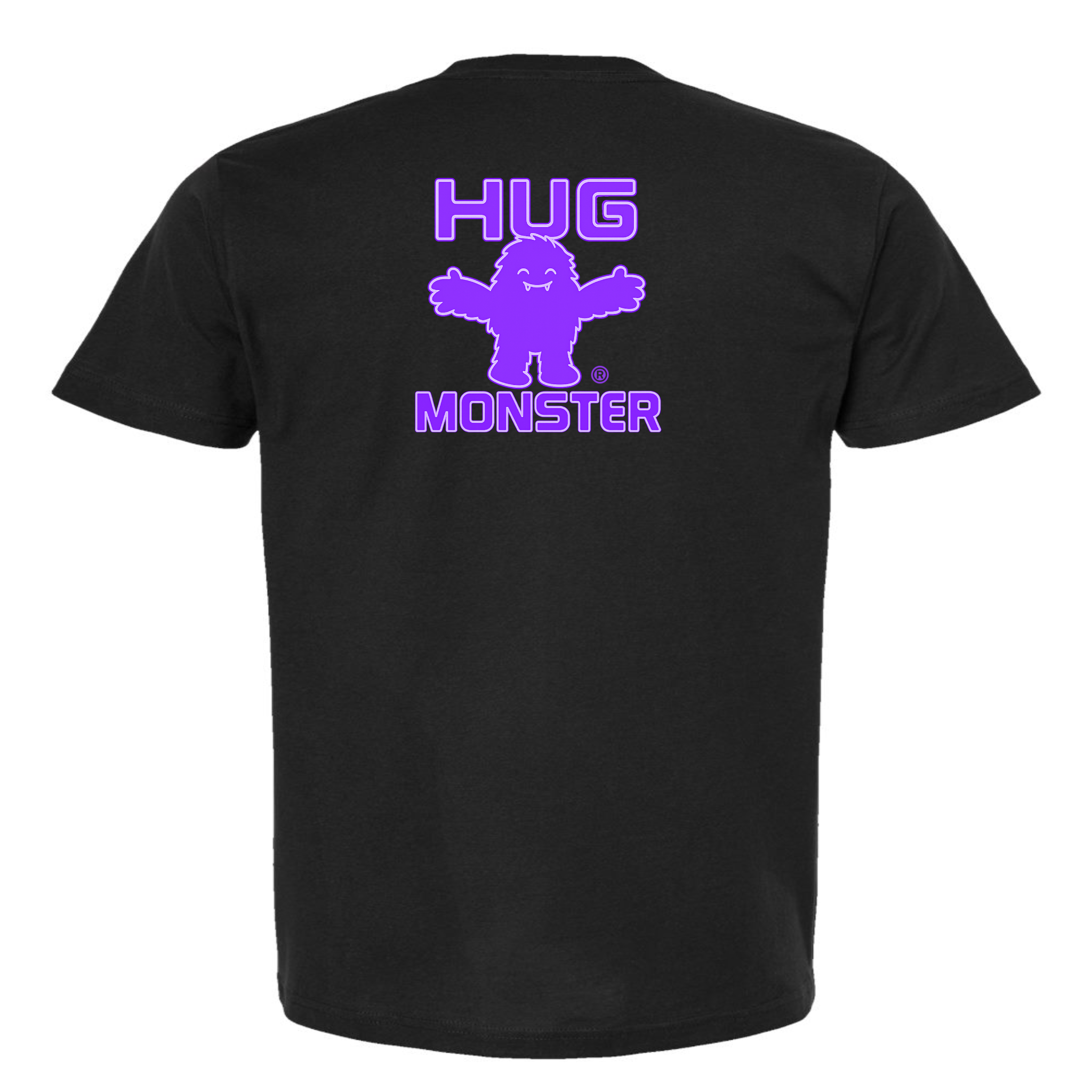 Hug Monster Giant Retro Monster Hugs (Purple Logo) T-Shirt - Positive Message Graphic Tee in Black – Back View