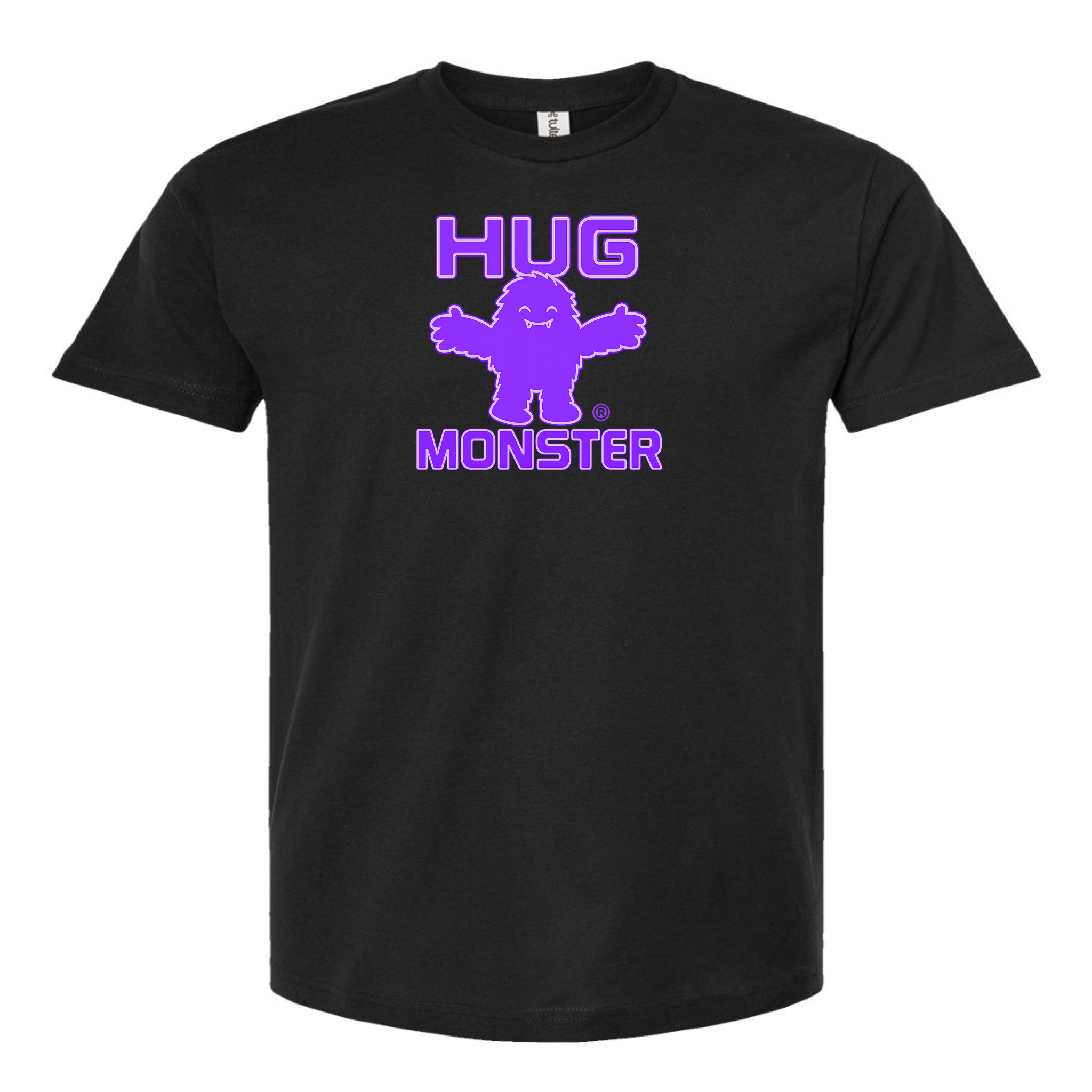 Hug Monster Giant Retro Monster Hugs (Purple Logo) T-Shirt - Positive Message Graphic Tee in Black – Front View