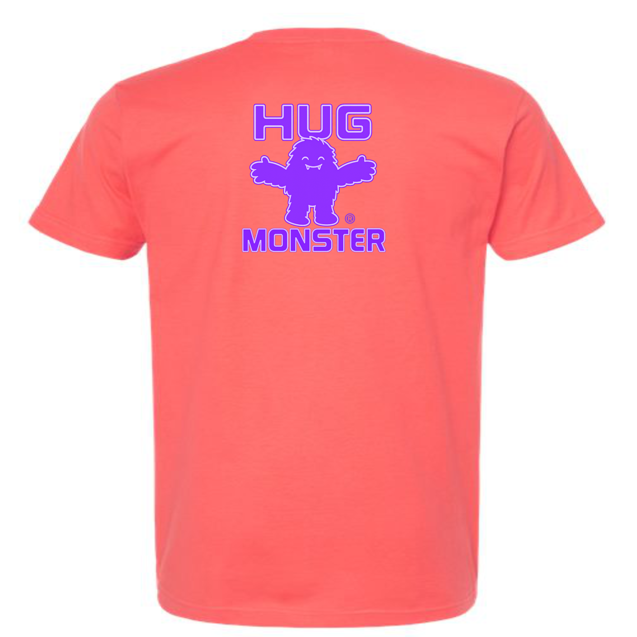 Hug Monster Giant Retro Monster Hugs (Purple Logo) T-Shirt - Positive Message Graphic Tee in Bright Coral – Back View