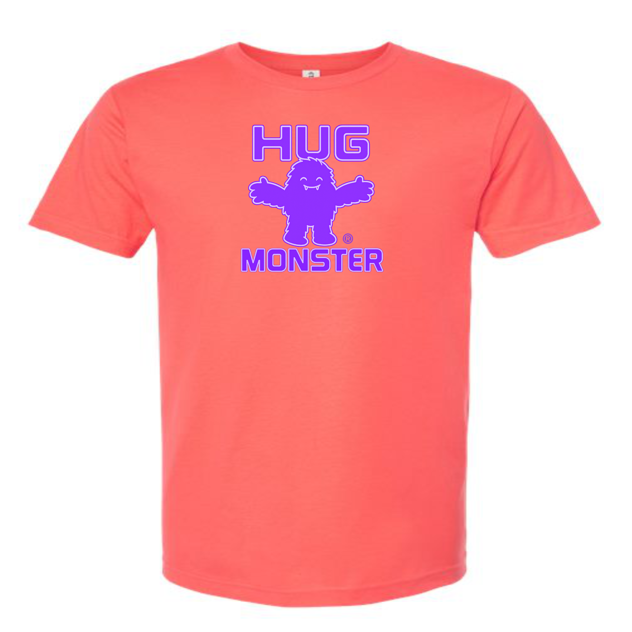 Hug Monster Giant Retro Monster Hugs (Purple Logo) T-Shirt - Positive Message Graphic Tee in Bright Coral – Front View