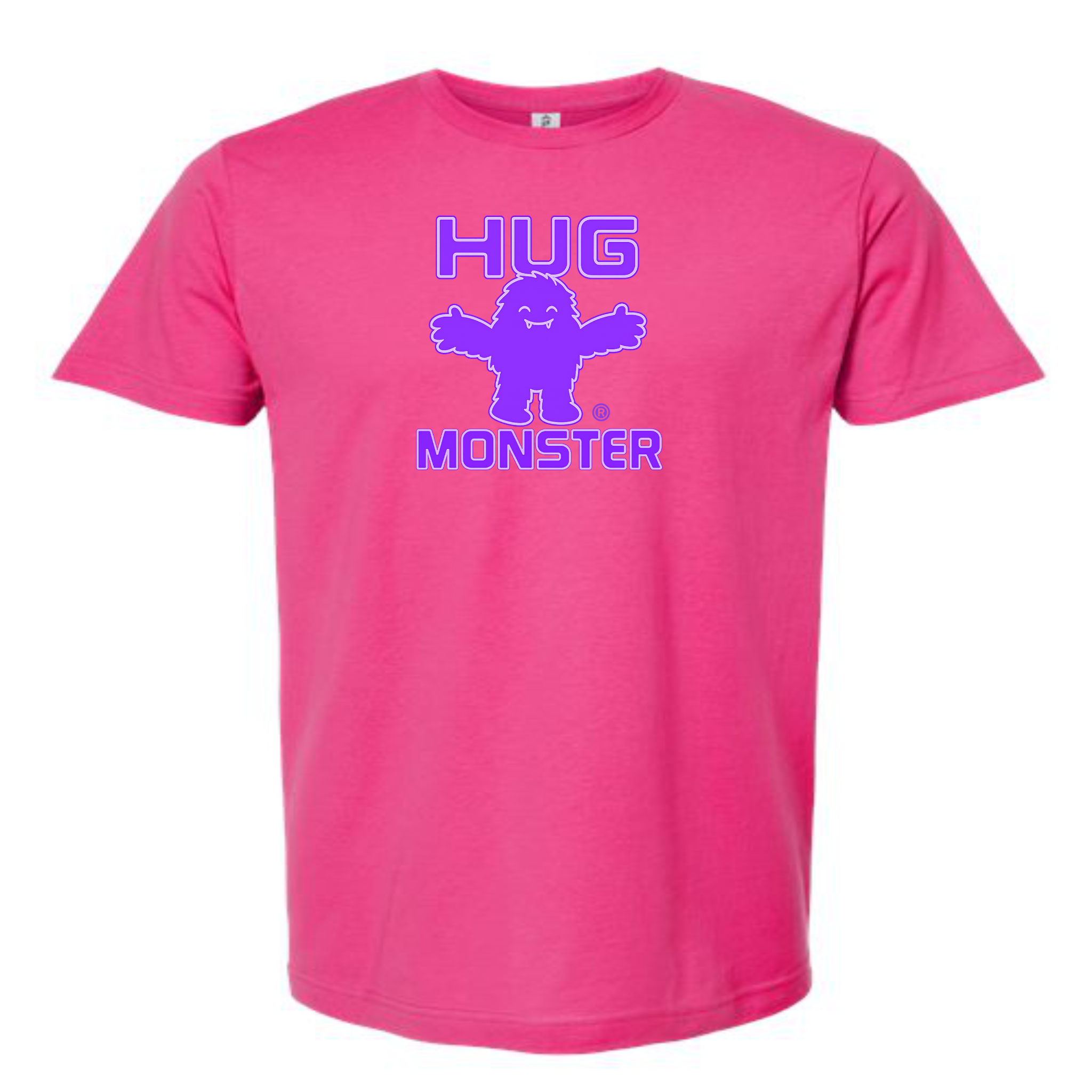 Hug Monster Giant Retro Monster Hugs (Purple Logo) T-Shirt - Positive Message Graphic Tee in Bright Fuscia – Front View