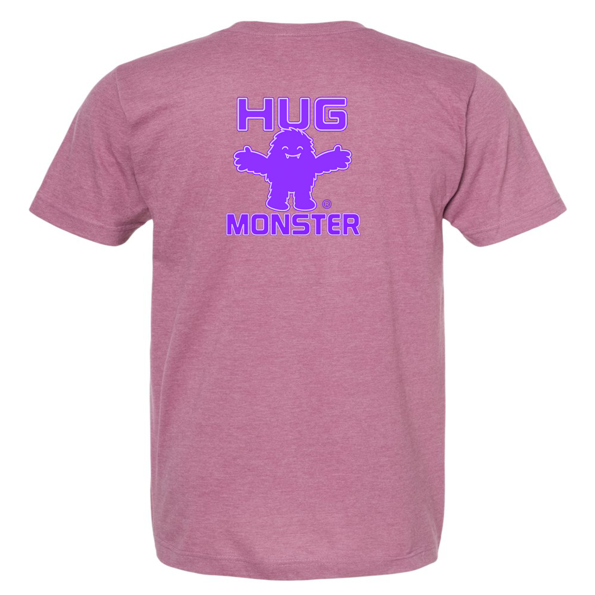Hug Monster Giant Retro Monster Hugs (Purple Logo) T-Shirt in Heather Dusty Rose Pink – Back View