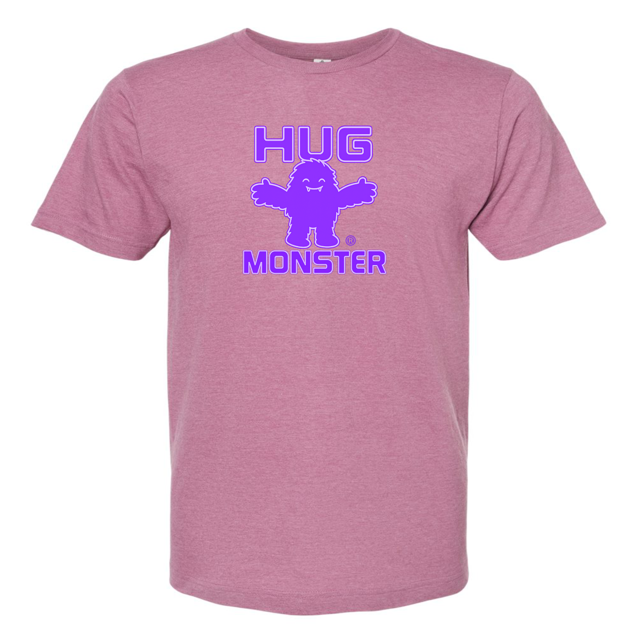 Hug Monster Giant Retro Monster Hugs (Purple Logo) T-Shirt in Heather Dusty Rose Pink – Front View