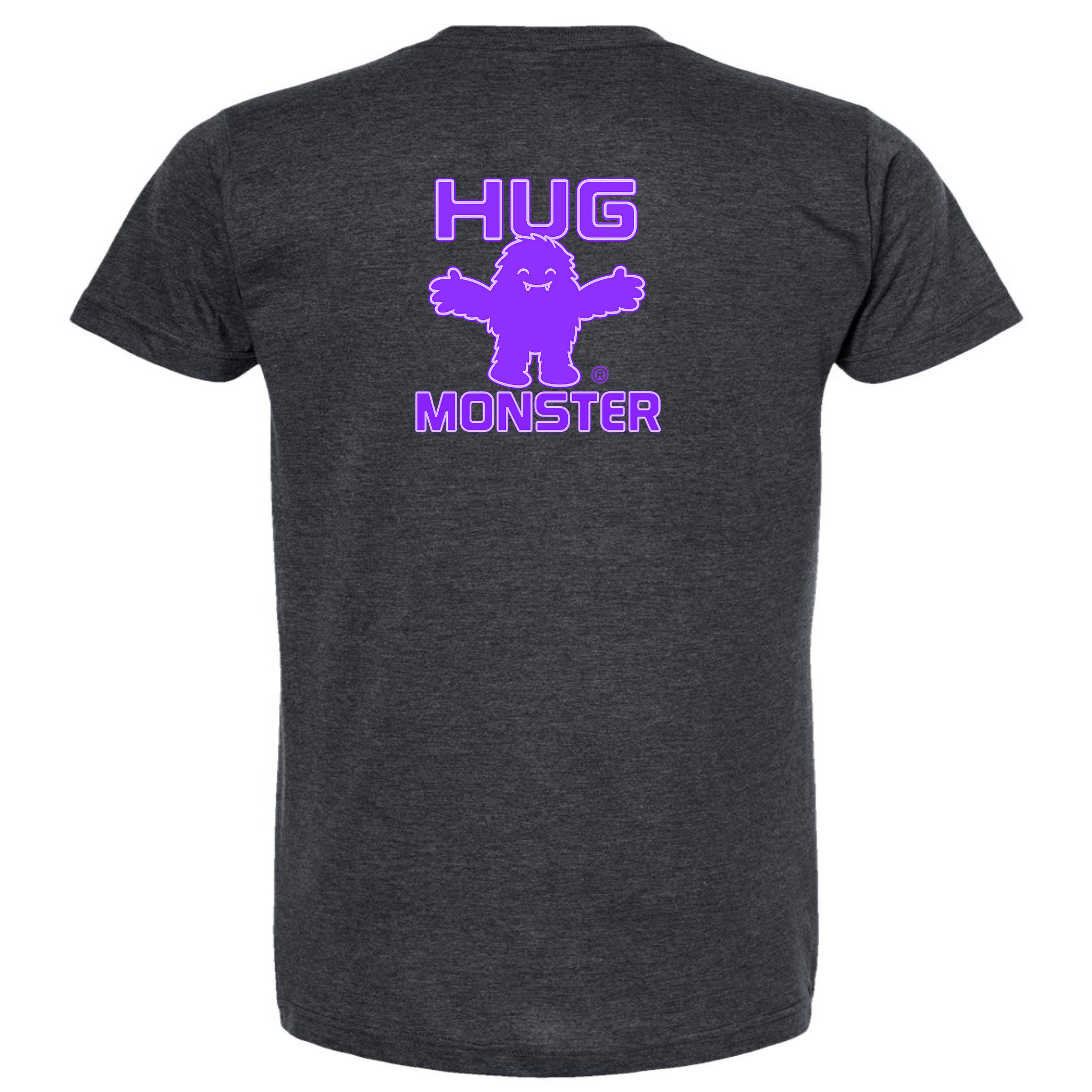 Hug Monster Giant Retro Monster Hugs (Purple Logo) T-Shirt - Positive Message Graphic Tee in Heather Graphite – Back View