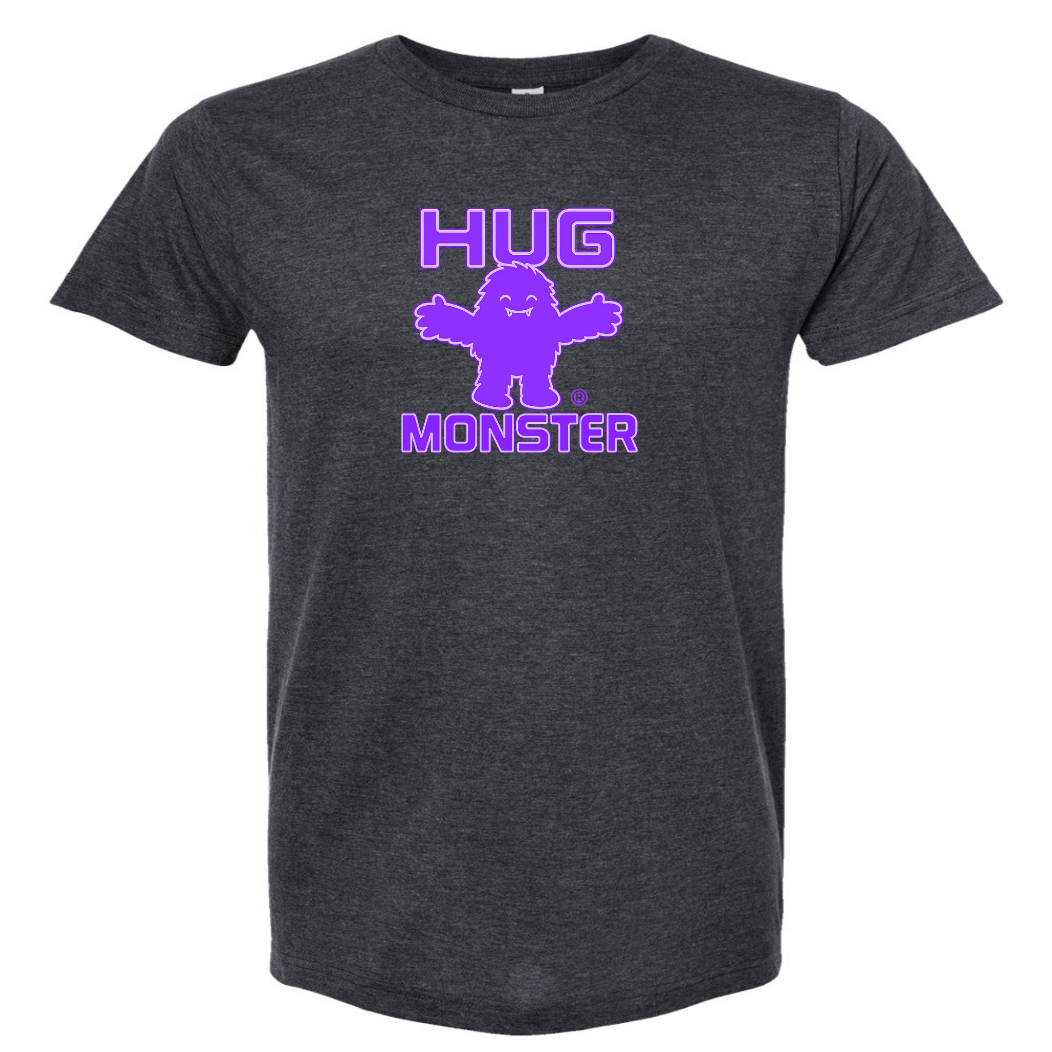 Hug Monster Giant Retro Monster Hugs (Purple Logo) T-Shirt - Positive Message Graphic Tee in Heather Graphite – Front View