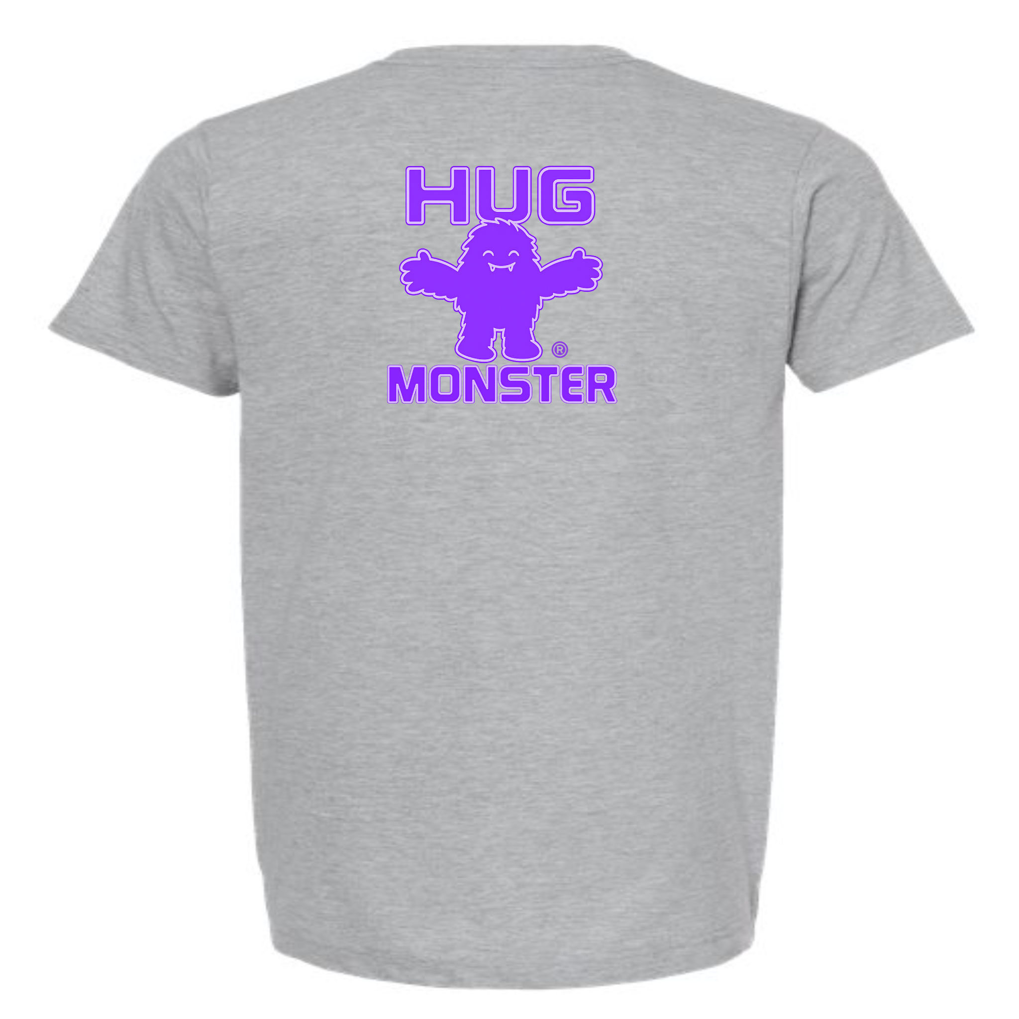 Hug Monster Giant Retro Monster Hugs (Purple Logo) T-Shirt - Positive Message Graphic Tee in Heather Grey – Back View