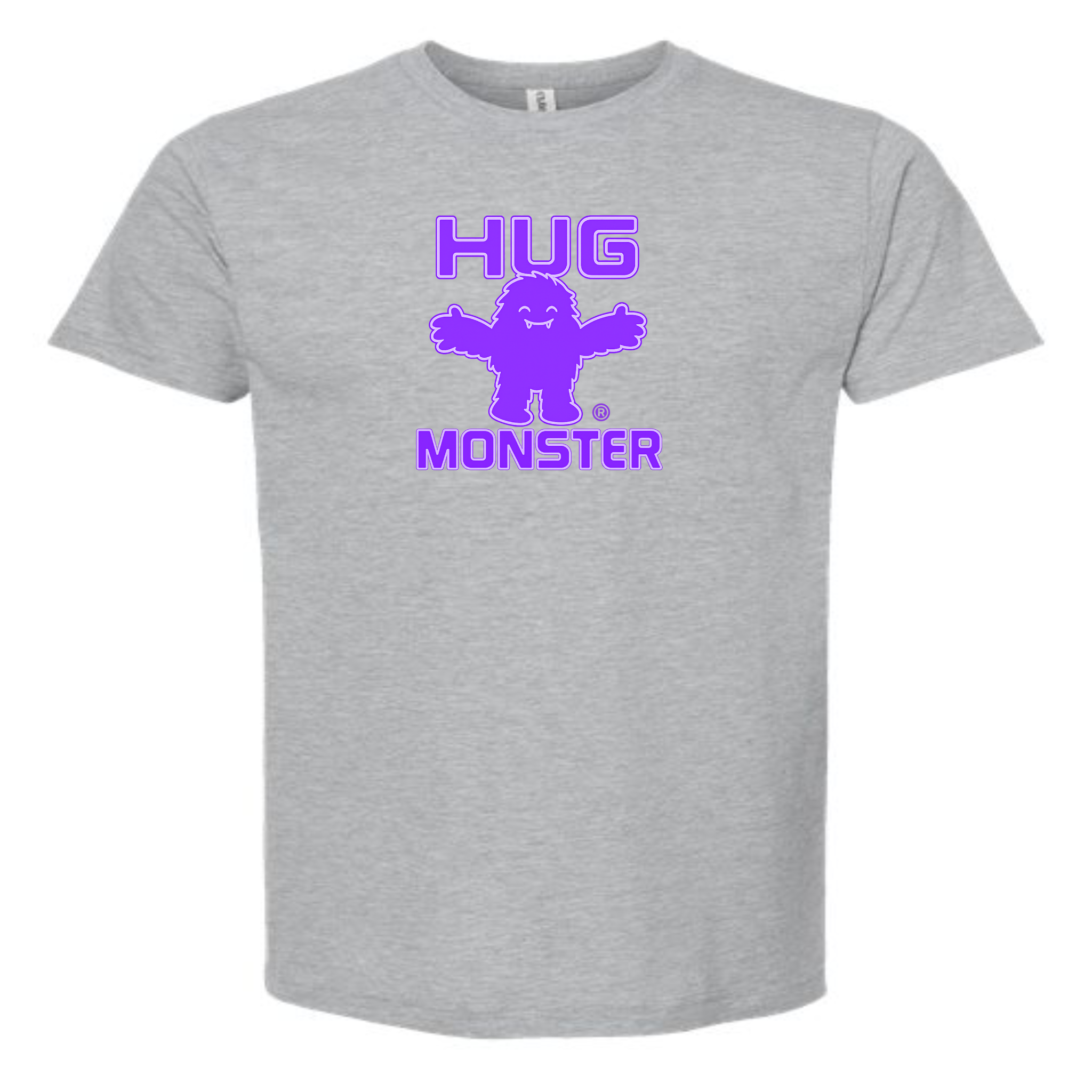 Hug Monster Giant Retro Monster Hugs (Purple Logo) T-Shirt - Positive Message Graphic Tee in Heather Grey – Front View