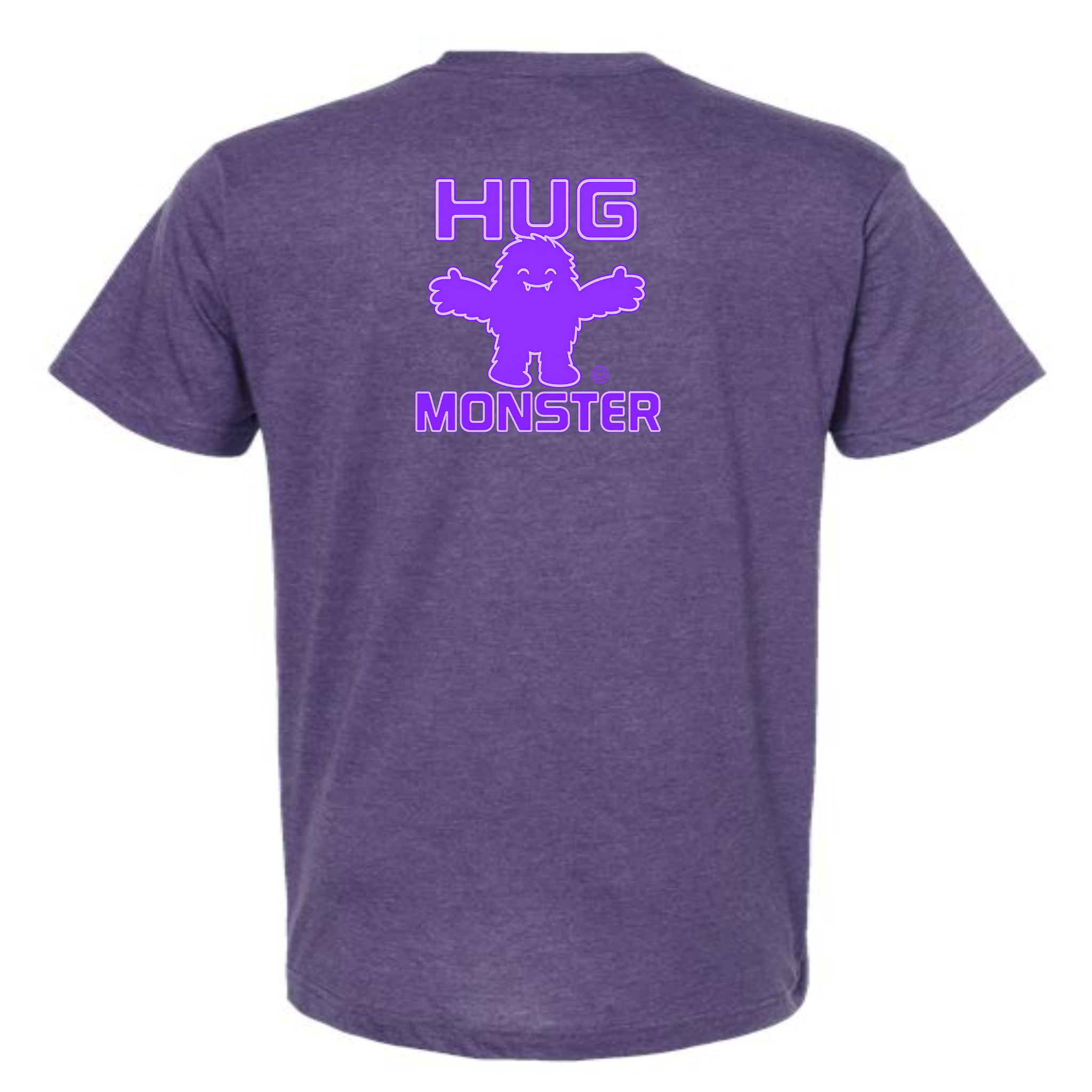 Hug Monster Giant Retro Monster Hugs (Purple Logo) T-Shirt - Positive Message Graphic Tee in Heather Purple – Back View