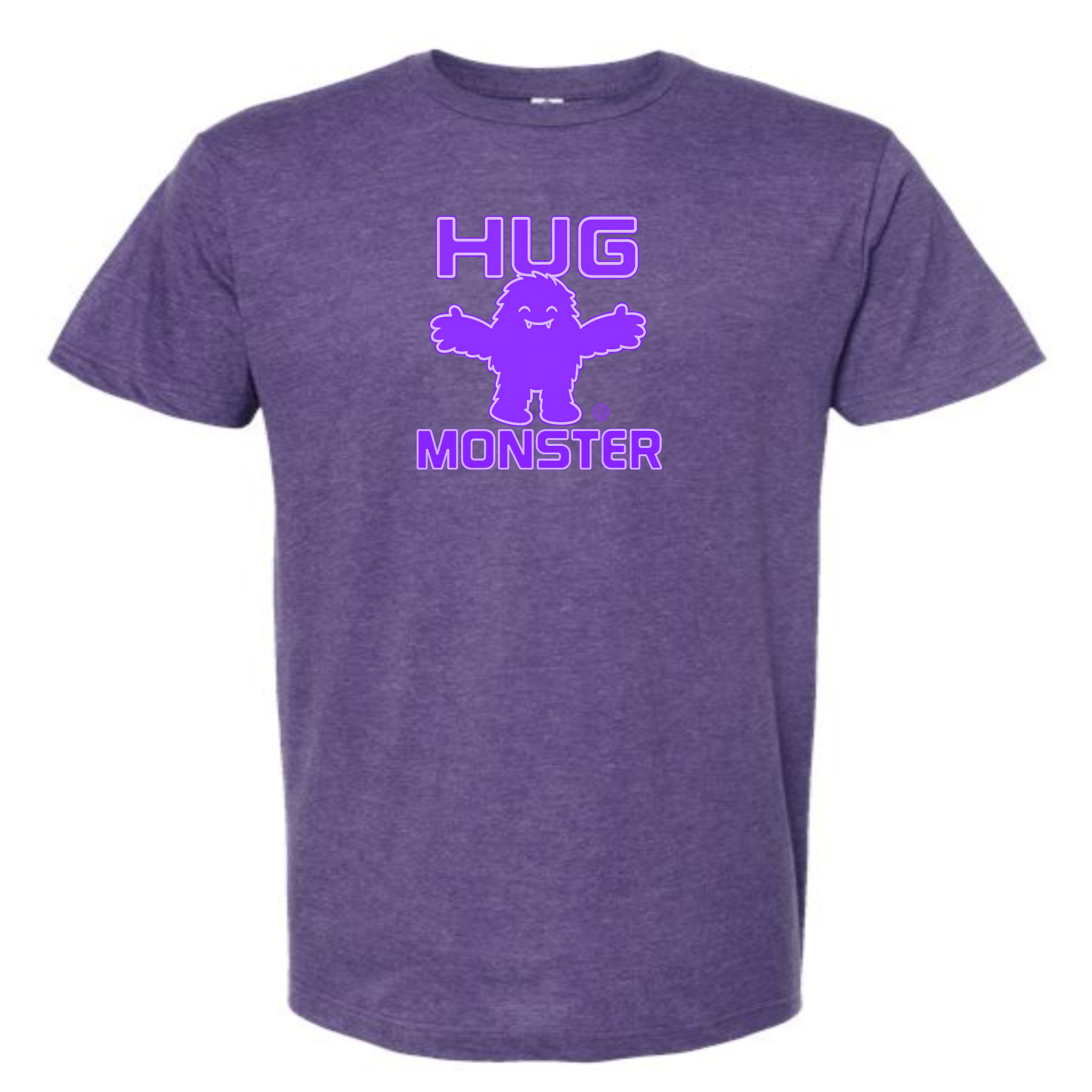 Hug Monster Giant Retro Monster Hugs (Purple Logo) T-Shirt - Positive Message Graphic Tee in Heather Purple – Front View