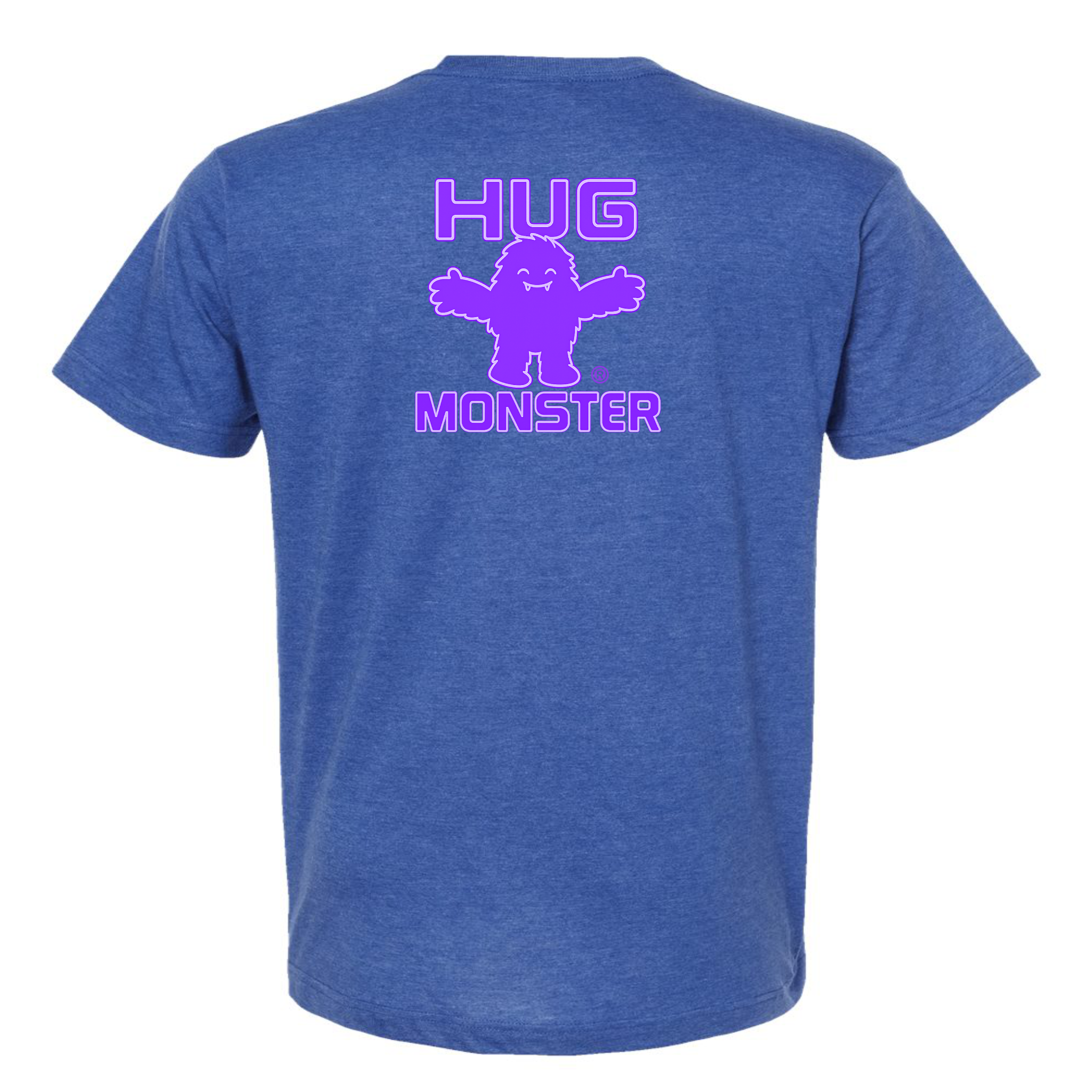 Hug Monster Giant Retro Monster Hugs (Purple Logo) T-Shirt - Positive Message Graphic Tee in Heather Royal Blue – Back View