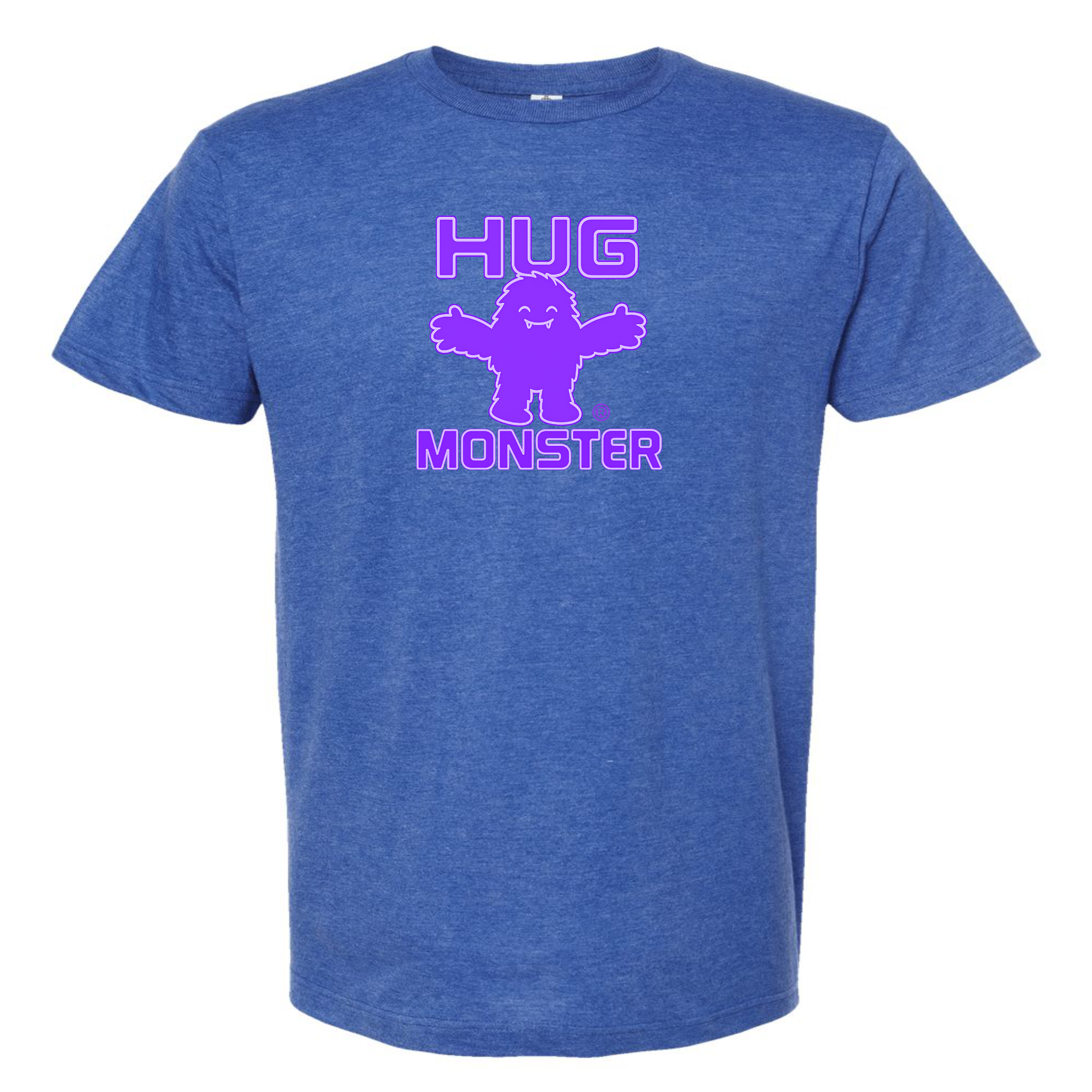 Hug Monster Giant Retro Monster Hugs (Purple Logo) T-Shirt - Positive Message Graphic Tee in Heather Royal Blue – Front View