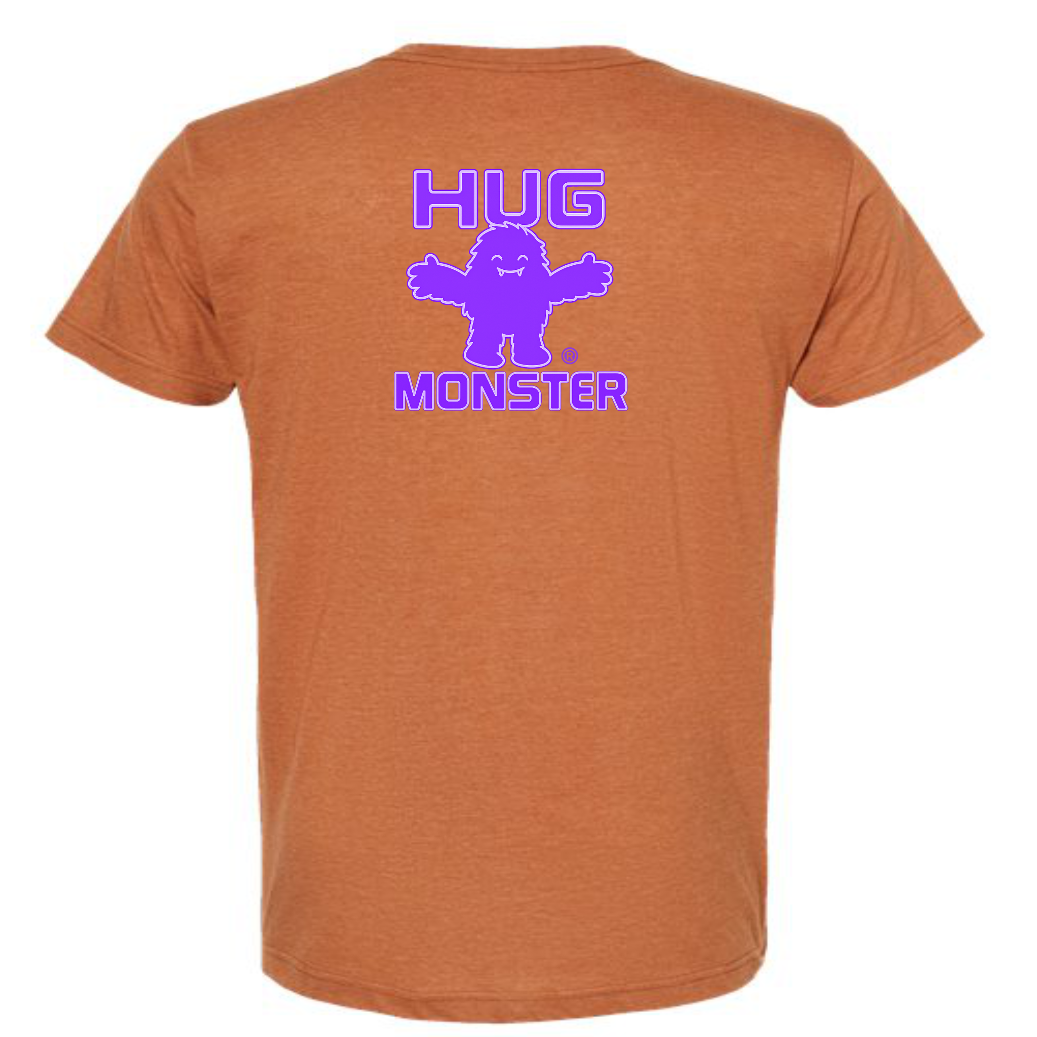 Hug Monster Giant Retro Monster Hugs (Purple Logo) T-Shirt - Positive Message Graphic Tee in Heather Rust – Back View