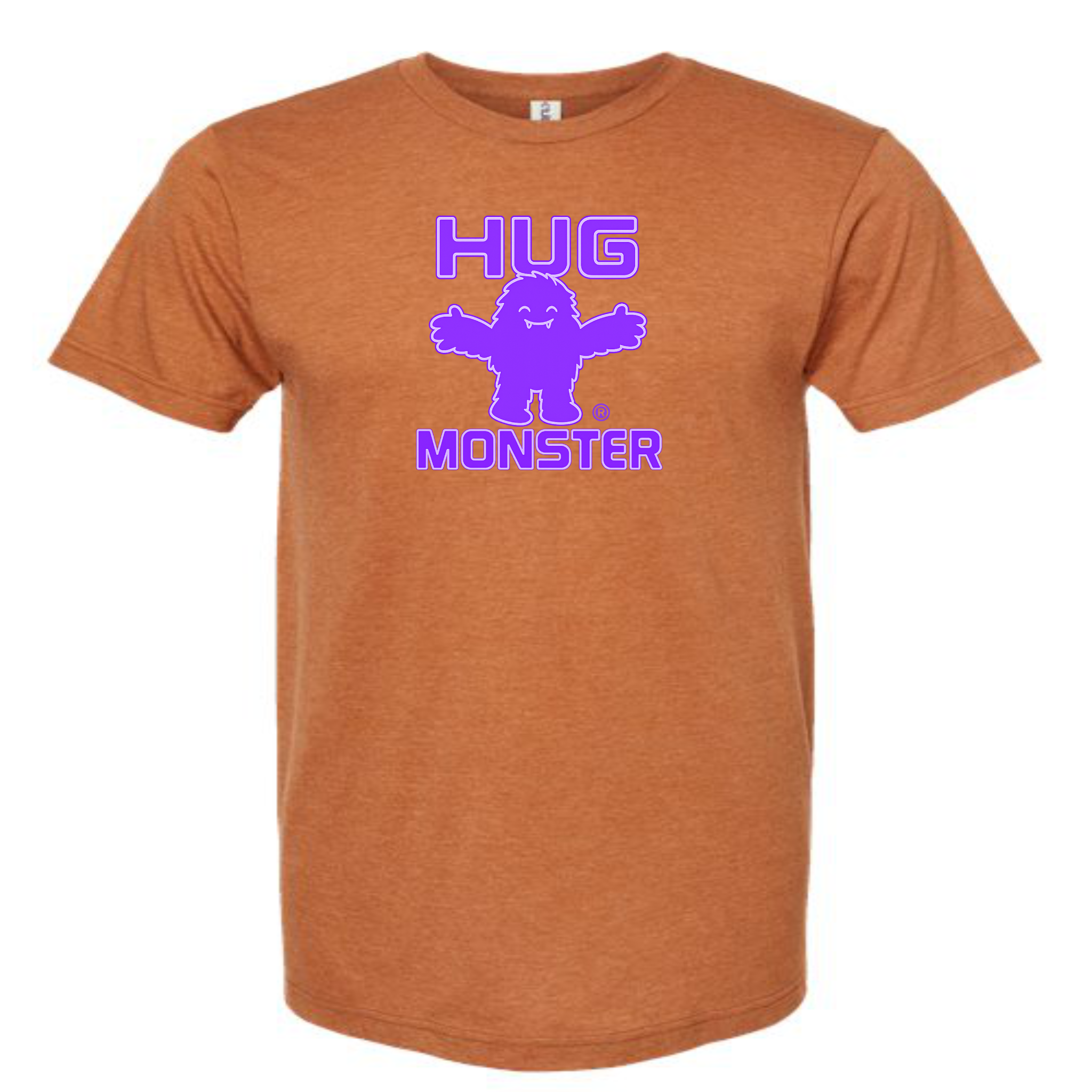 Hug Monster Giant Retro Monster Hugs (Purple Logo) T-Shirt - Positive Message Graphic Tee in Heather Rust – Front View