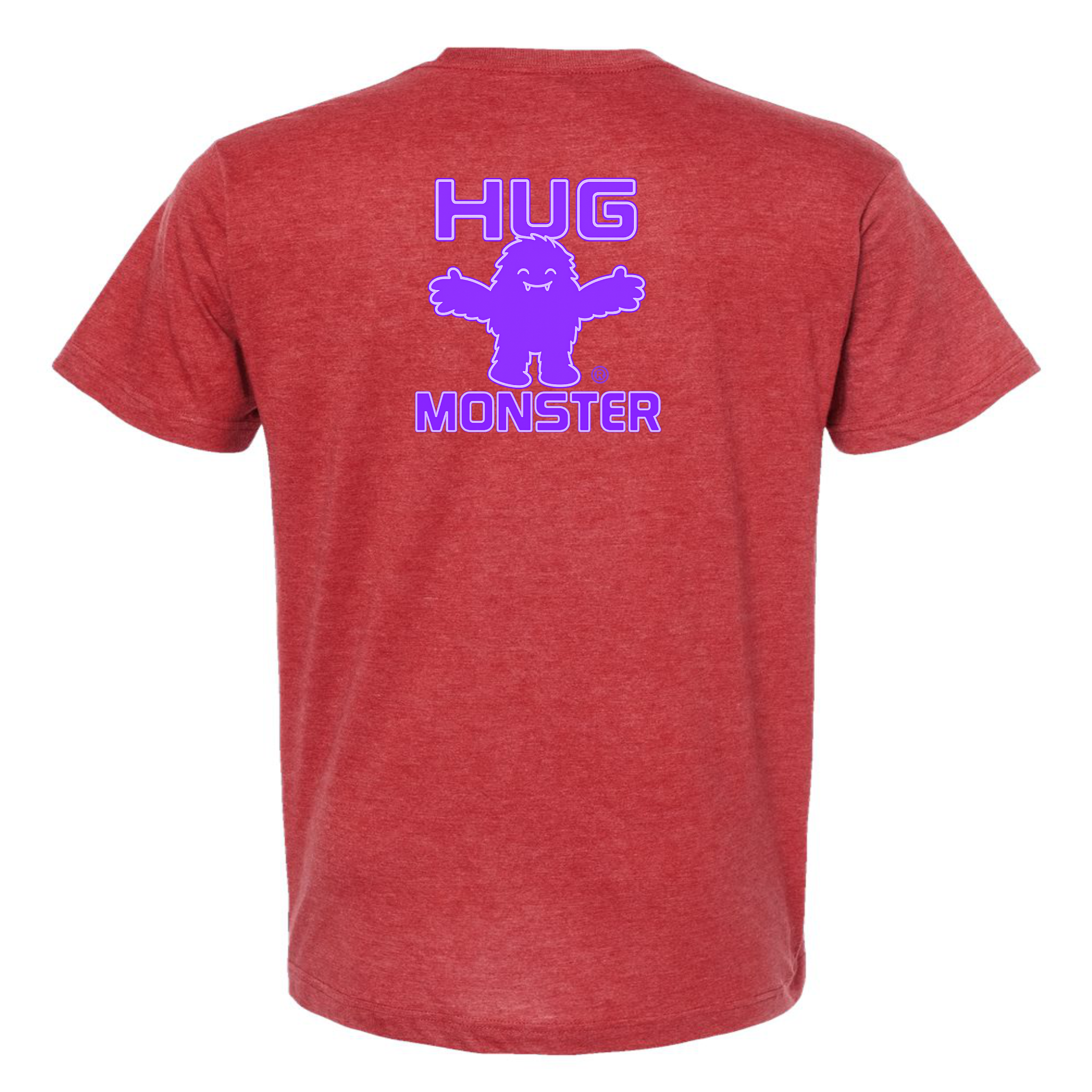 Hug Monster Giant Retro Monster Hugs (Purple Logo) T-Shirt - Positive Message Graphic Tee in Heather Scarlet Red – Back View