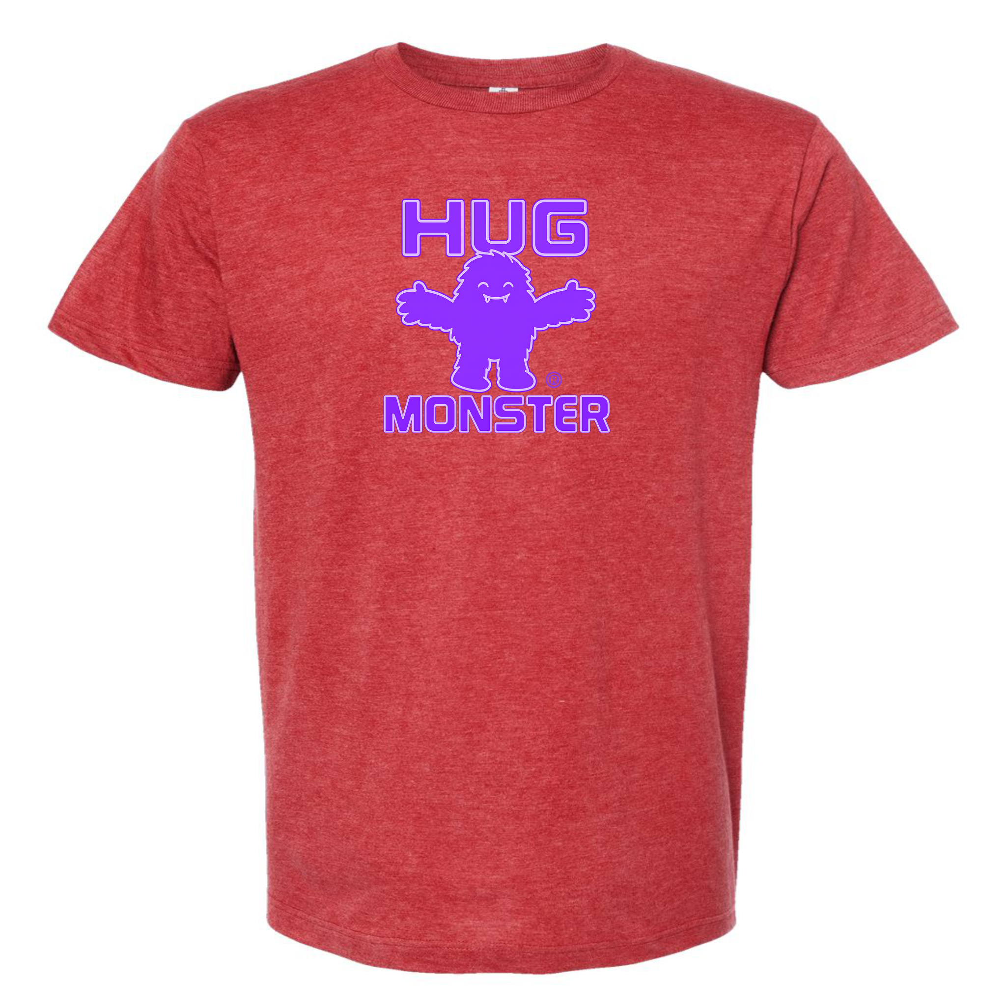 Hug Monster Giant Retro Monster Hugs (Purple Logo) T-Shirt - Positive Message Graphic Tee in Heather Scarlet Red – Front View