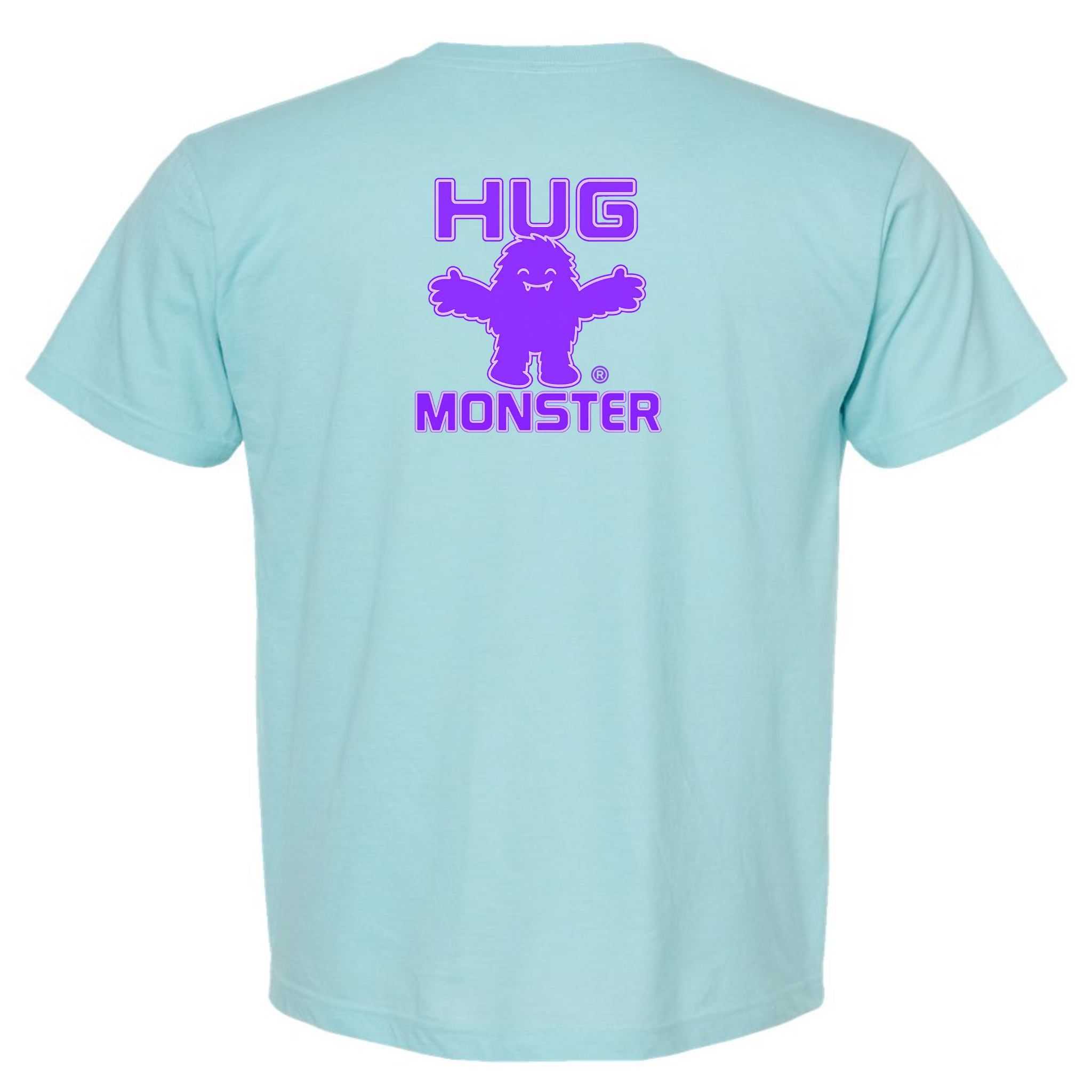 Hug Monster Giant Retro Monster Hugs (Purple Logo) T-Shirt - Positive Message Graphic Tee in Heather Turquoise – Back View