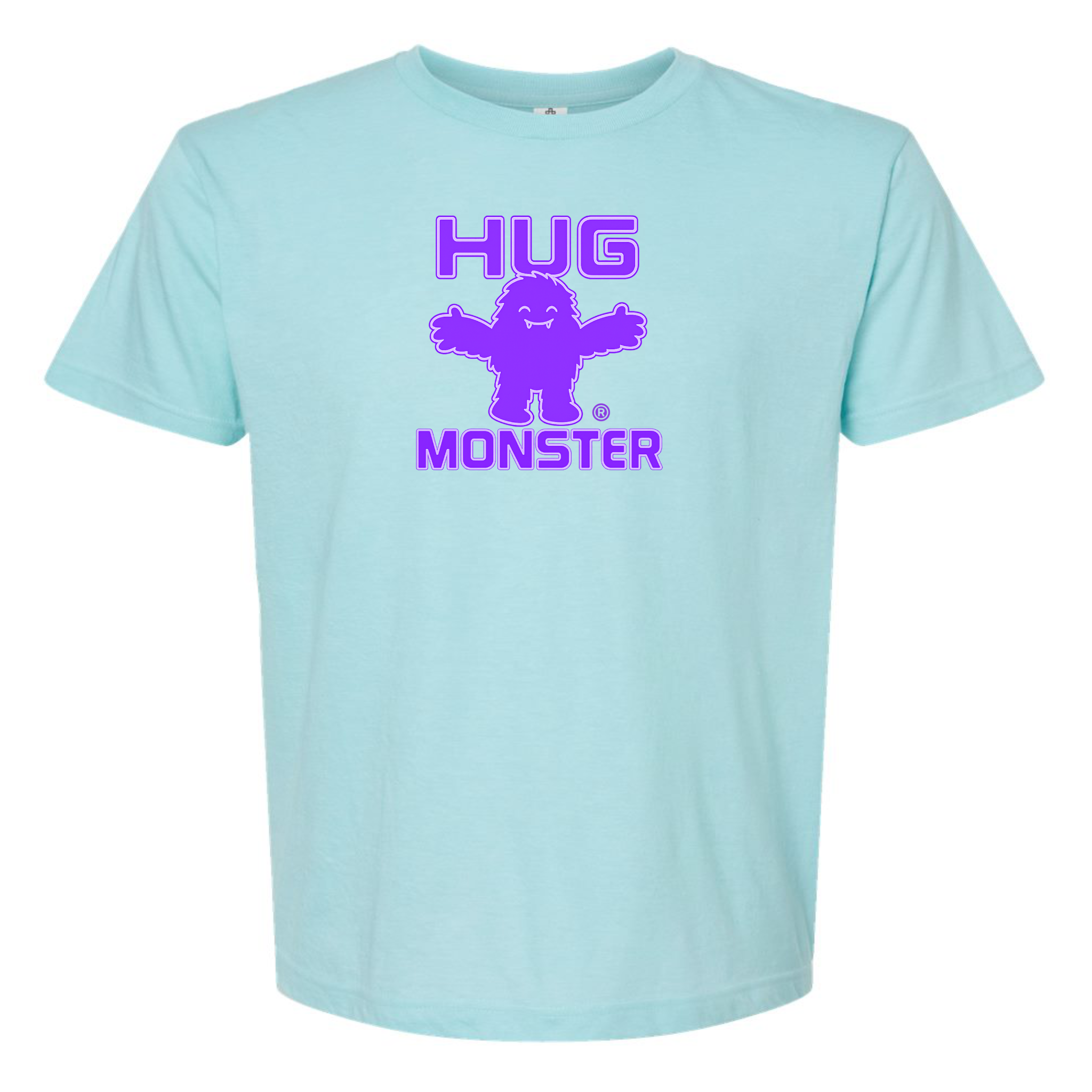 Hug Monster Giant Retro Monster Hugs (Purple Logo) T-Shirt - Positive Message Graphic Tee in Heather Turquoise – Front View