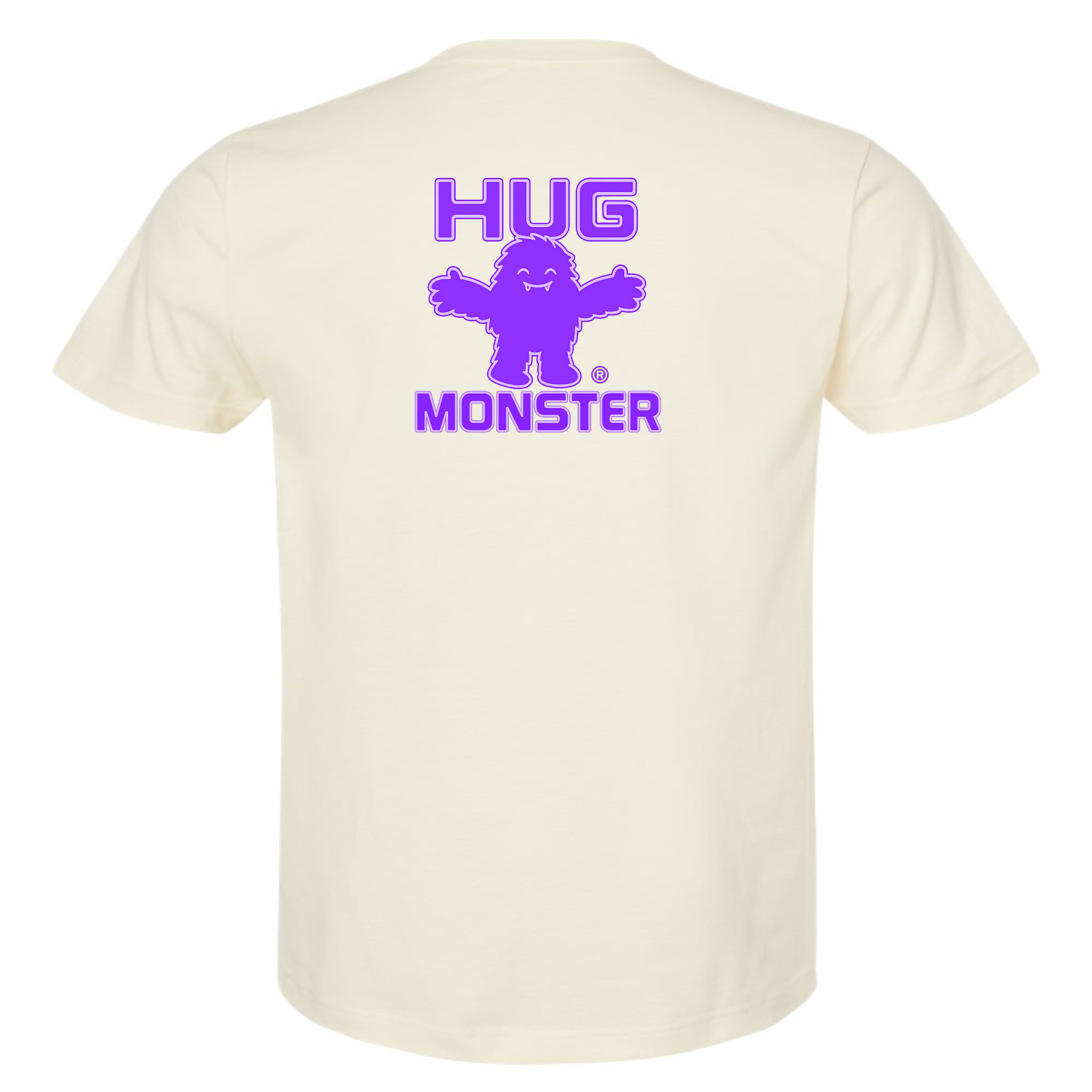 Hug Monster Giant Retro Monster Hugs (Purple Logo) T-Shirt - Positive Message Graphic Tee in Natural – Back View