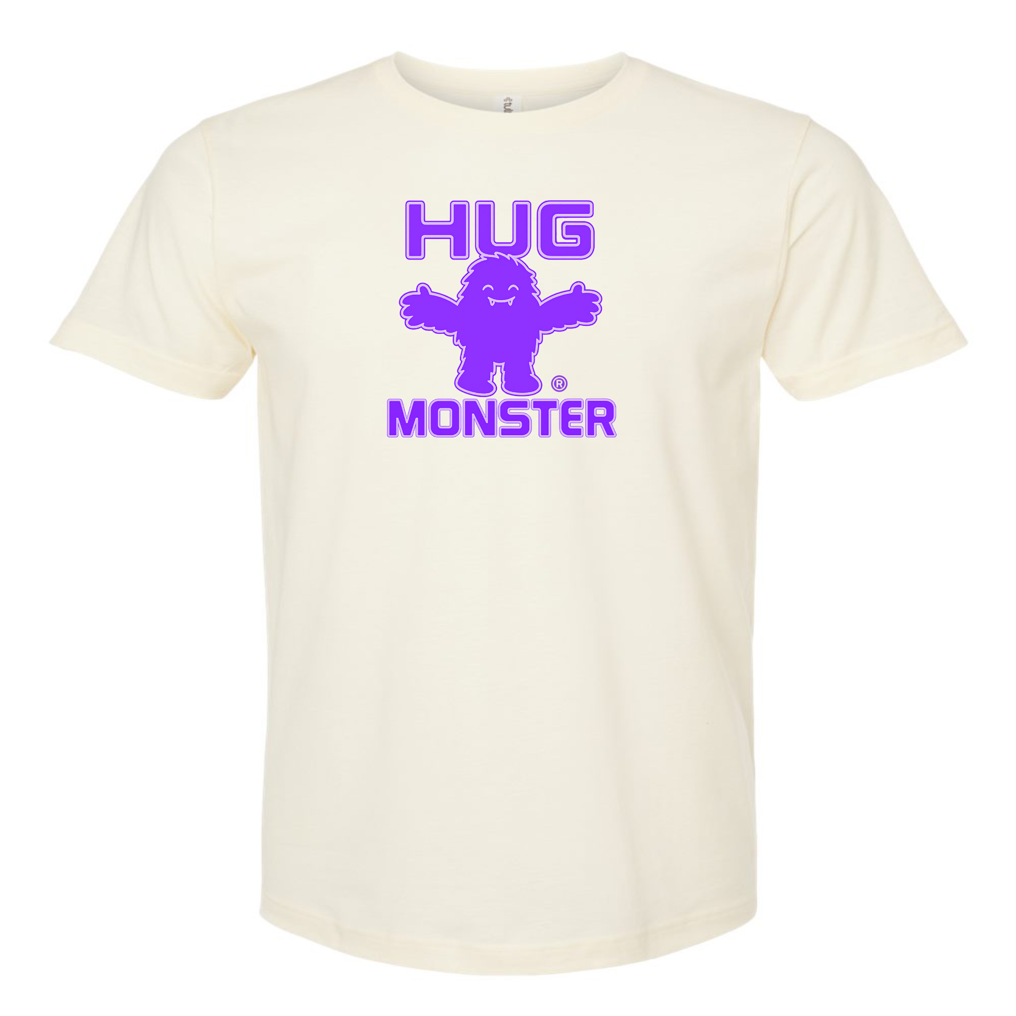 Hug Monster Giant Retro Monster Hugs (Purple Logo) T-Shirt - Positive Message Graphic Tee in Natural – Front View