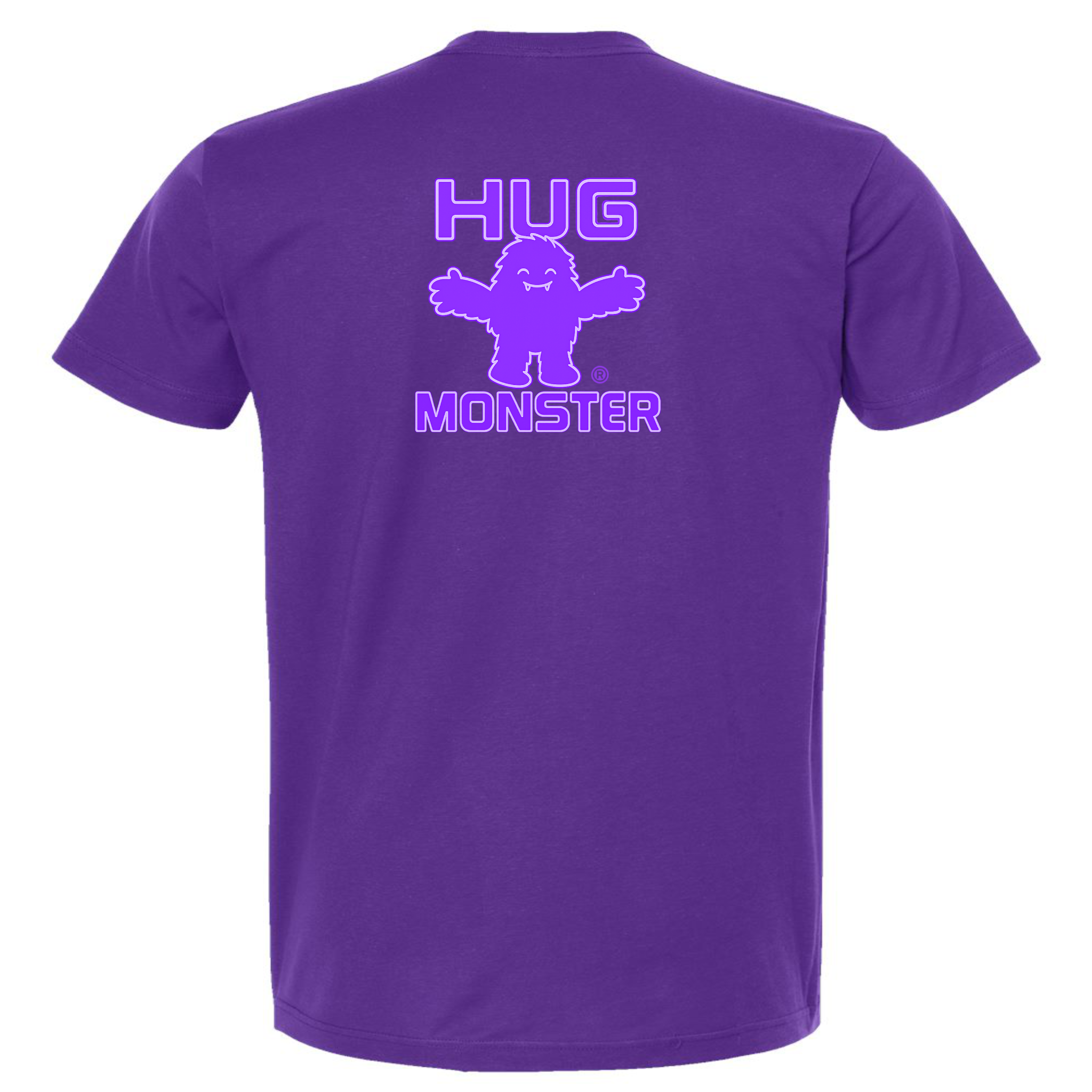 Hug Monster Giant Retro Monster Hugs (Purple Logo) T-Shirt - Positive Message Graphic Tee in Purple – Back View
