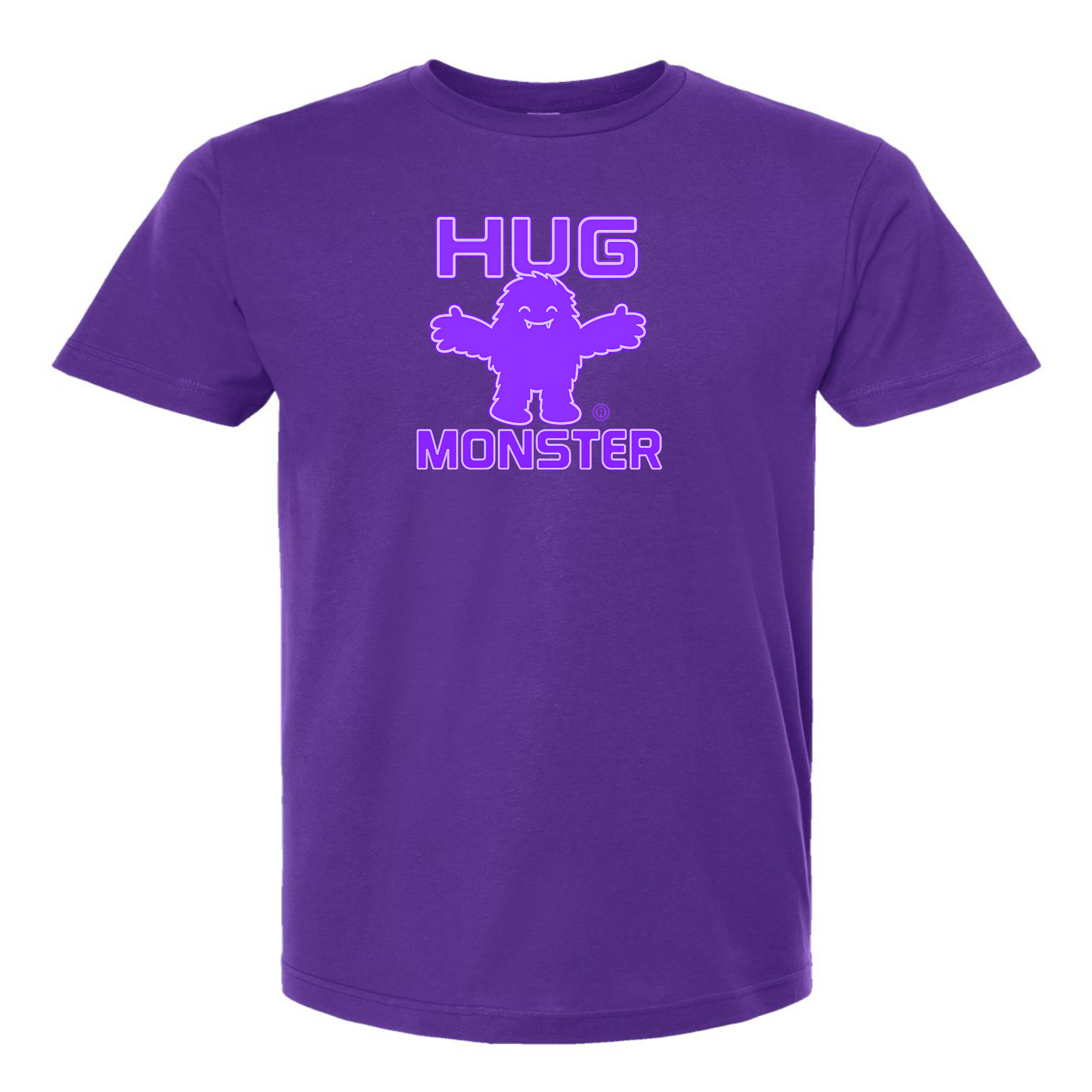 Hug Monster Giant Retro Monster Hugs (Purple Logo) T-Shirt - Positive Message Graphic Tee in Purple – Front View