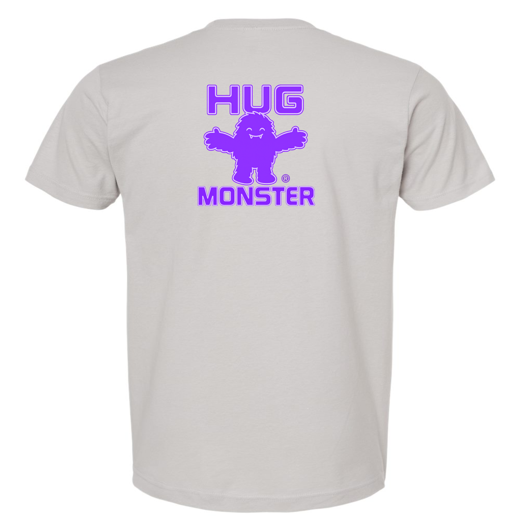 Hug Monster Giant Retro Monster Hugs (Purple Logo) T-Shirt - Positive Message Graphic Tee in Silver – Back View