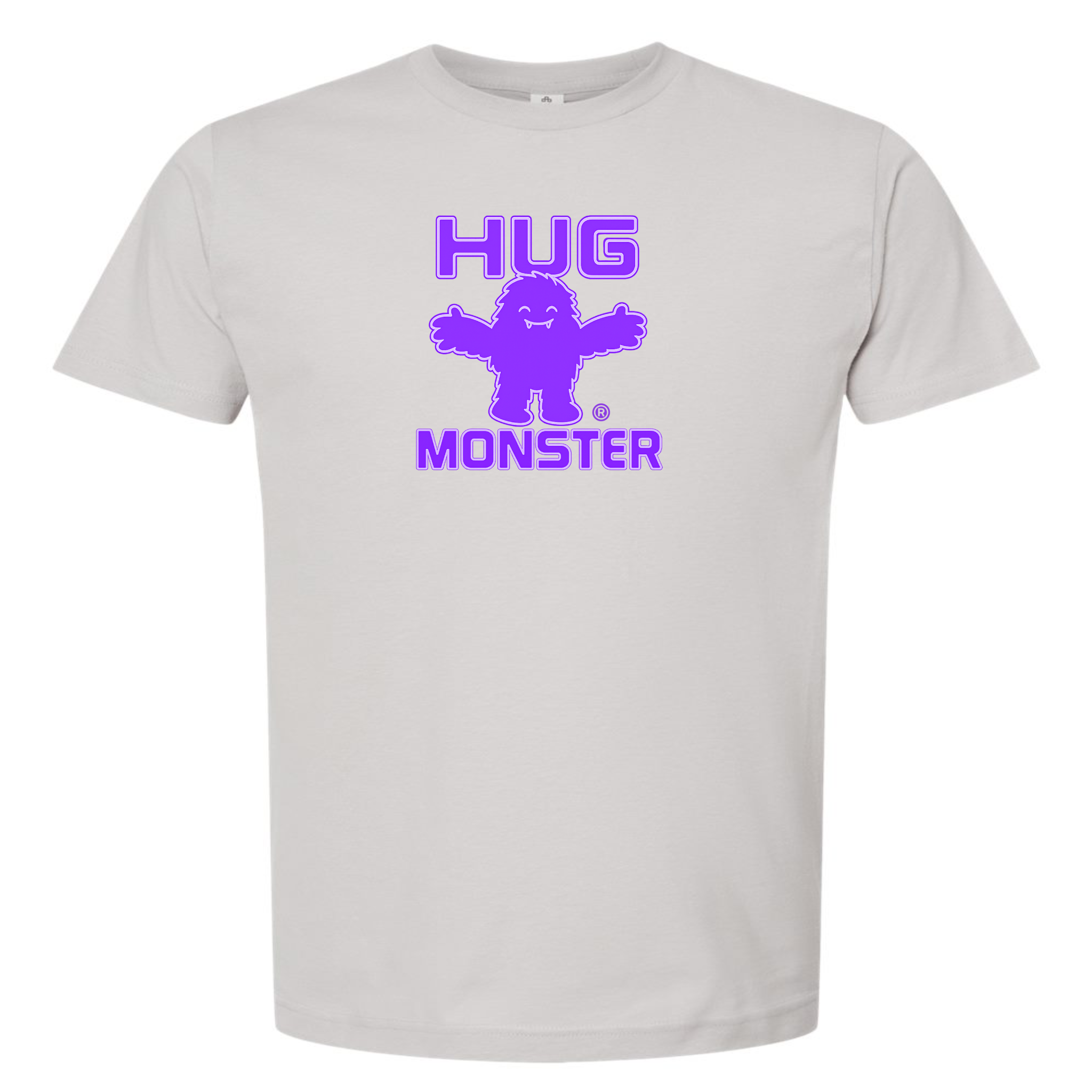 Hug Monster Giant Retro Monster Hugs (Purple Logo) T-Shirt - Positive Message Graphic Tee in Silver – Front View