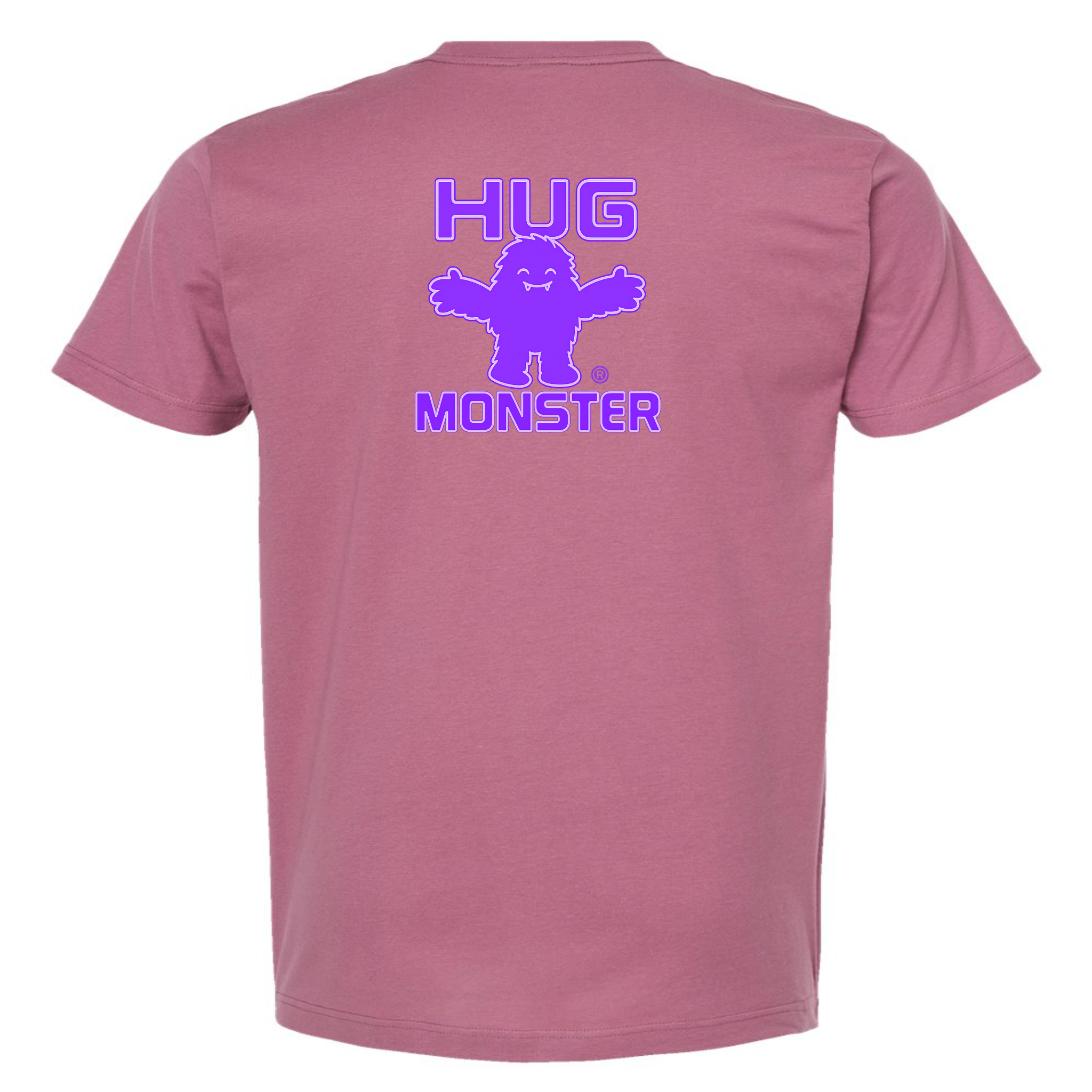 Hug Monster Giant Retro Monster Hugs (Purple Logo) T-Shirt - Positive Message Graphic Tee in Soft Dusty Rose Pink – Back View