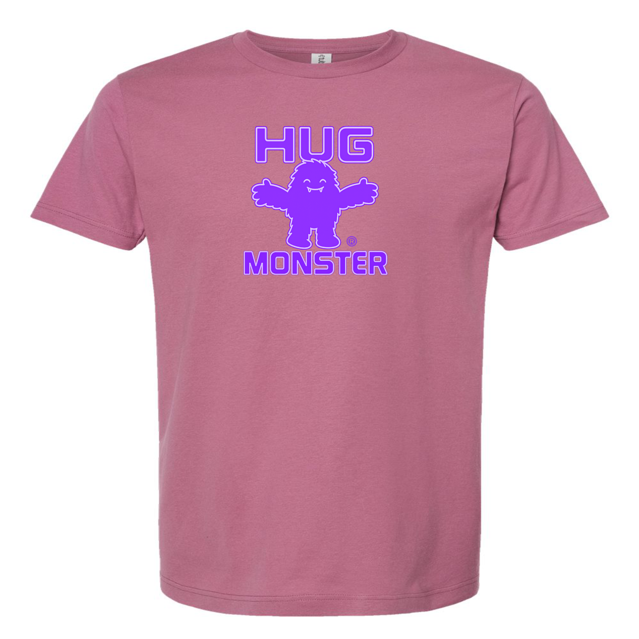 Hug Monster Giant Retro Monster Hugs (Purple Logo) T-Shirt in Soft Dusty Rose Pink – Front View